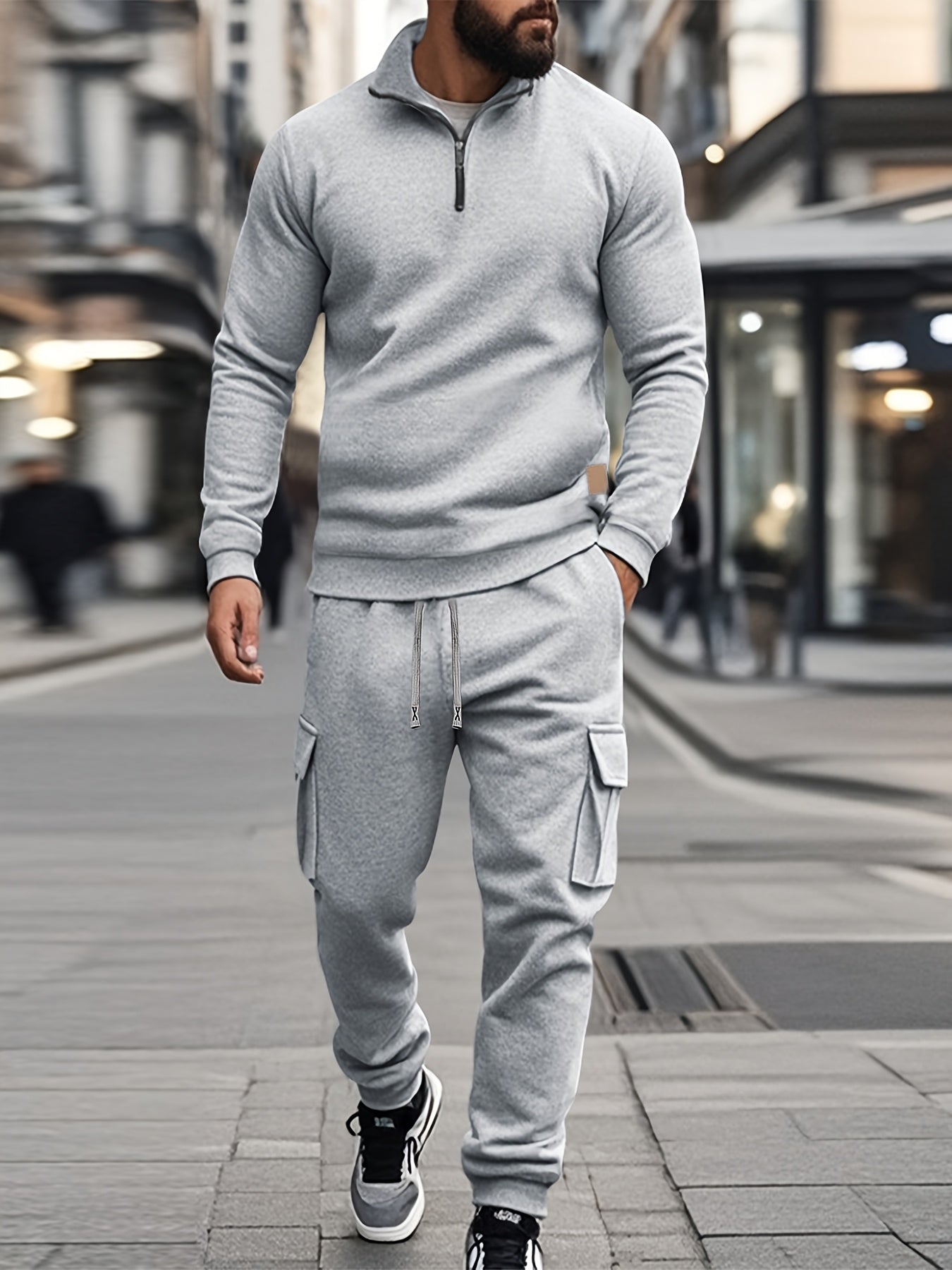 [Retro Casual Suit] Mens Fashionable Retro Casual Suit | Small Stand-up Collar Half-Zip Sweatshirt Plus Multi-Pocket Work Pants Set - Street Trendy Sports Suit Mens Outdoor Jogging Fitness Commuting All-Purpose Casual Sports