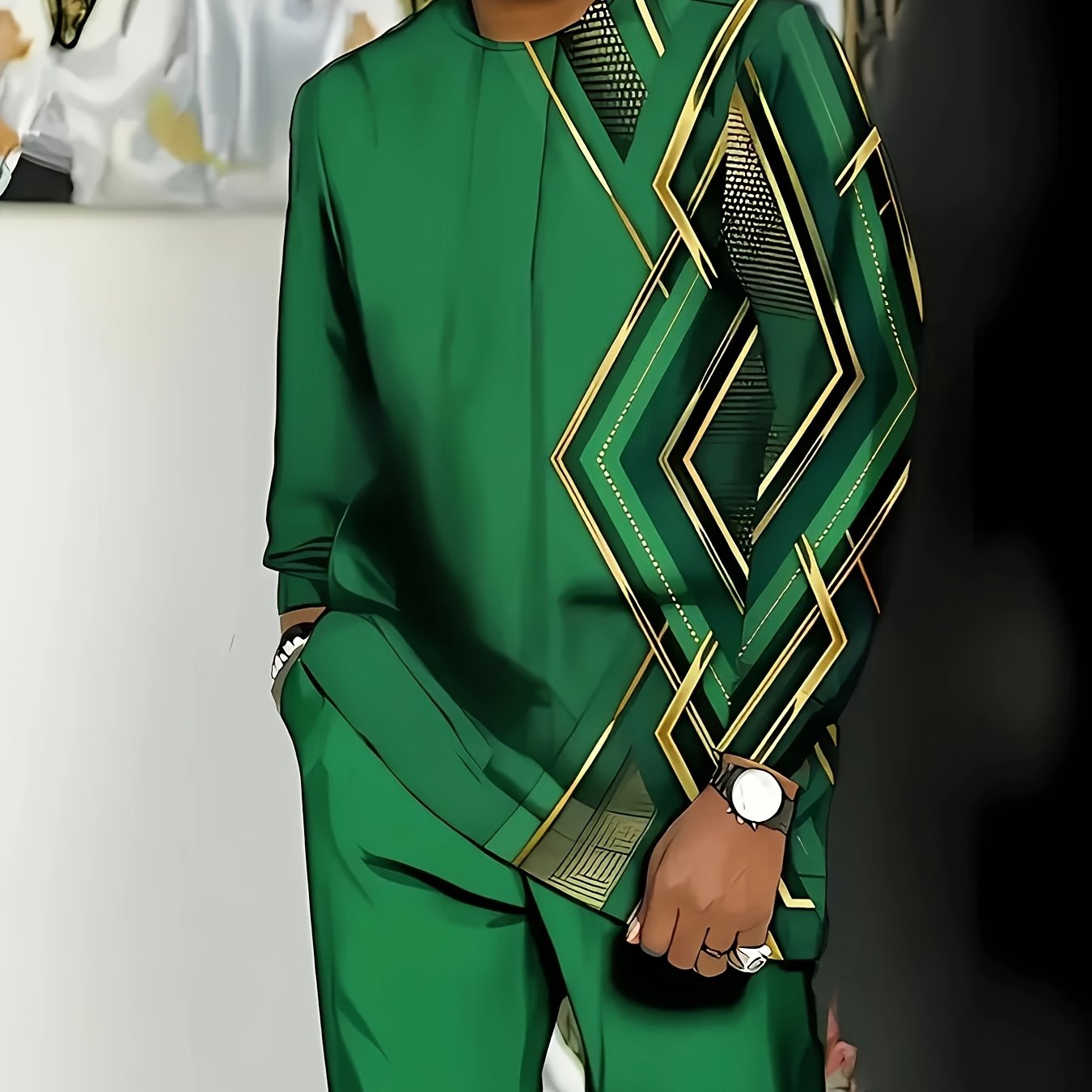 Large Men's Casual Sportswear Set -100% Polyester Fiber Knitted Fabric, Slightly Elastic, Round Neck Long Sleeved Top And Pants, Regular Silhouette, Geometric Pattern Details, PLUS SIZE