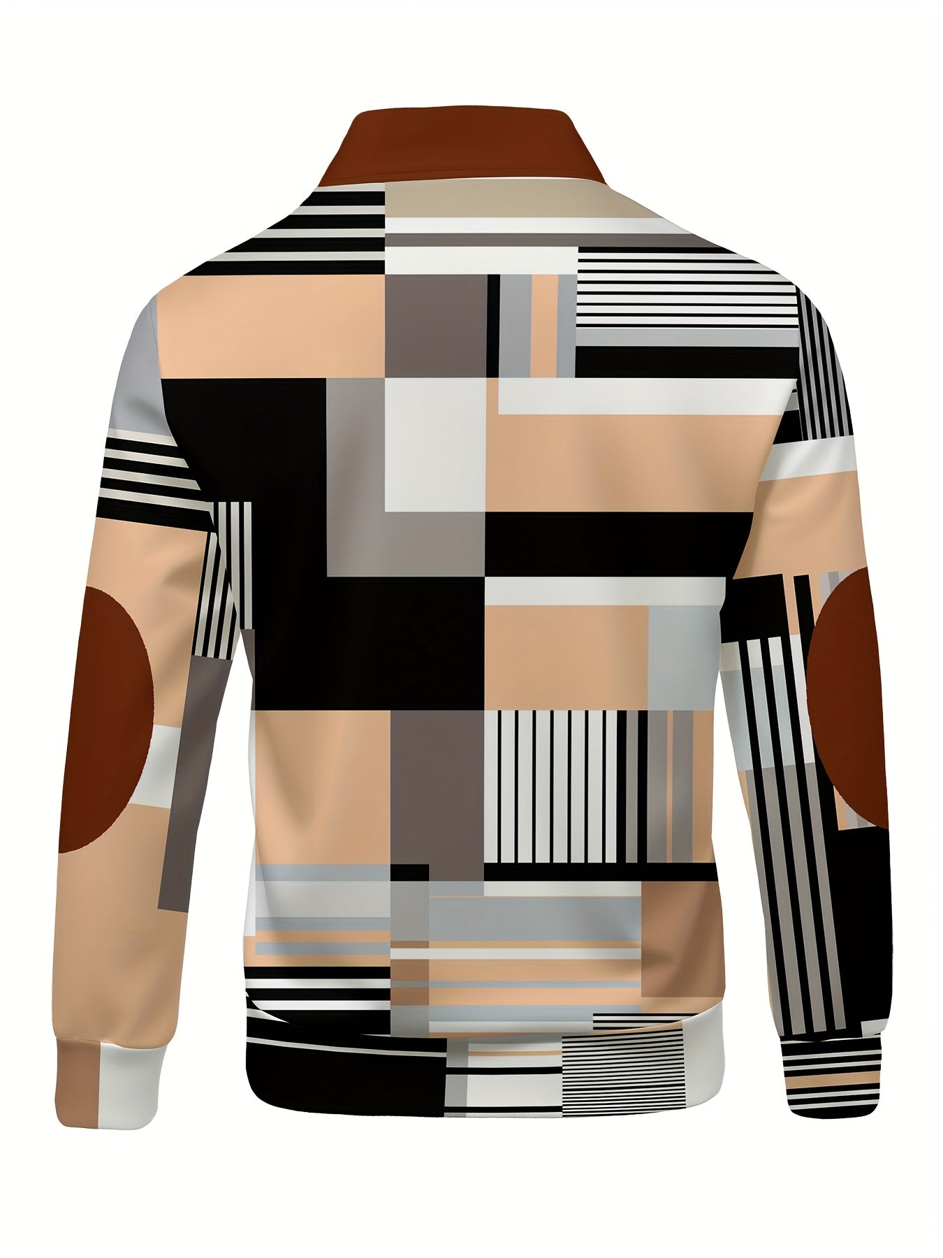 [All-Season Comfort Apparel] Geometric Color Block | Men's Casual Polo Shirt - V-Neck, Zip-Up, Loose Fit