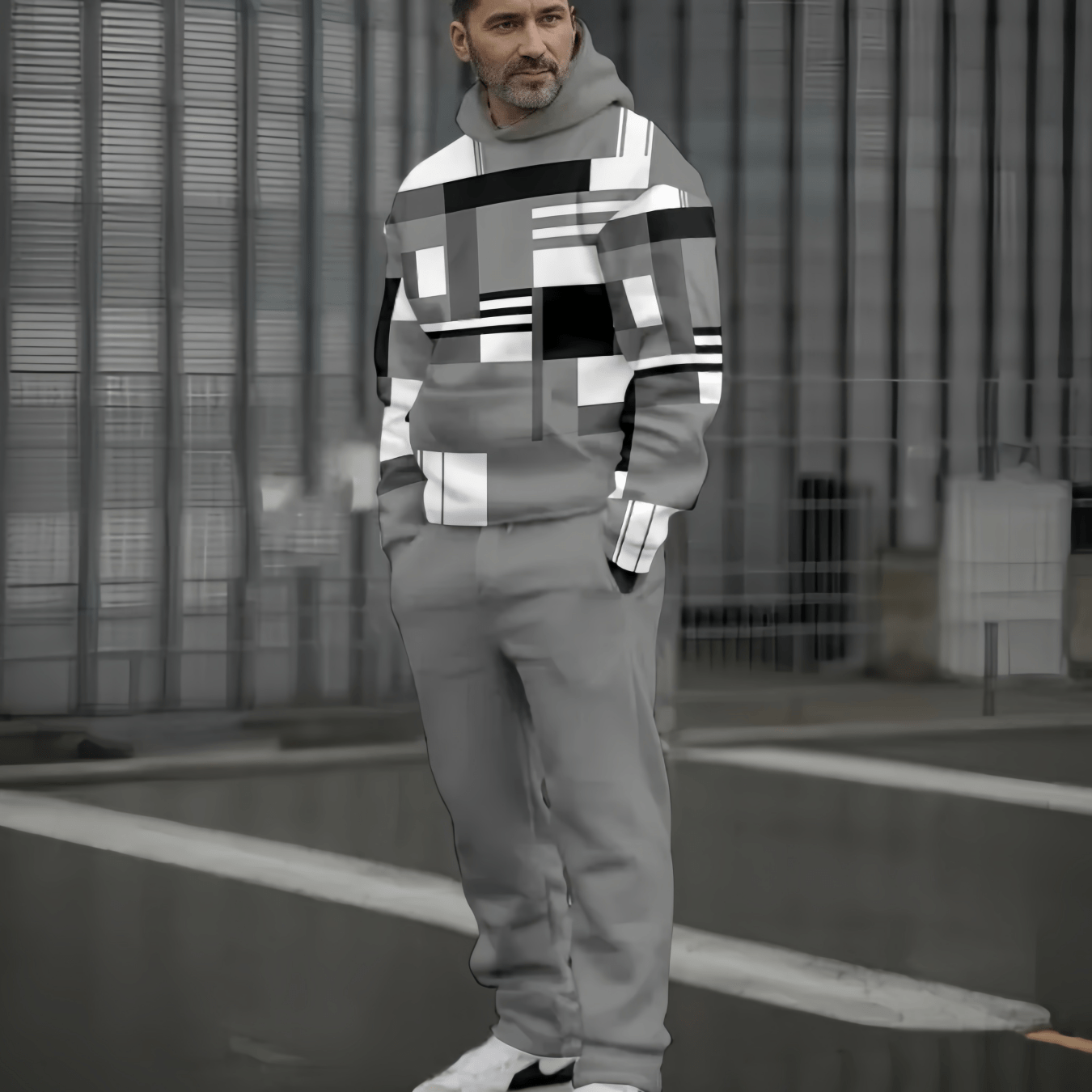 Geometric Splicing Hoodie+Casual Pants Set | Men's Fashion Sporty Style | Comfortable and Versatile Spring and Autumn | Suitable for Daily Commuting, Sports Travel