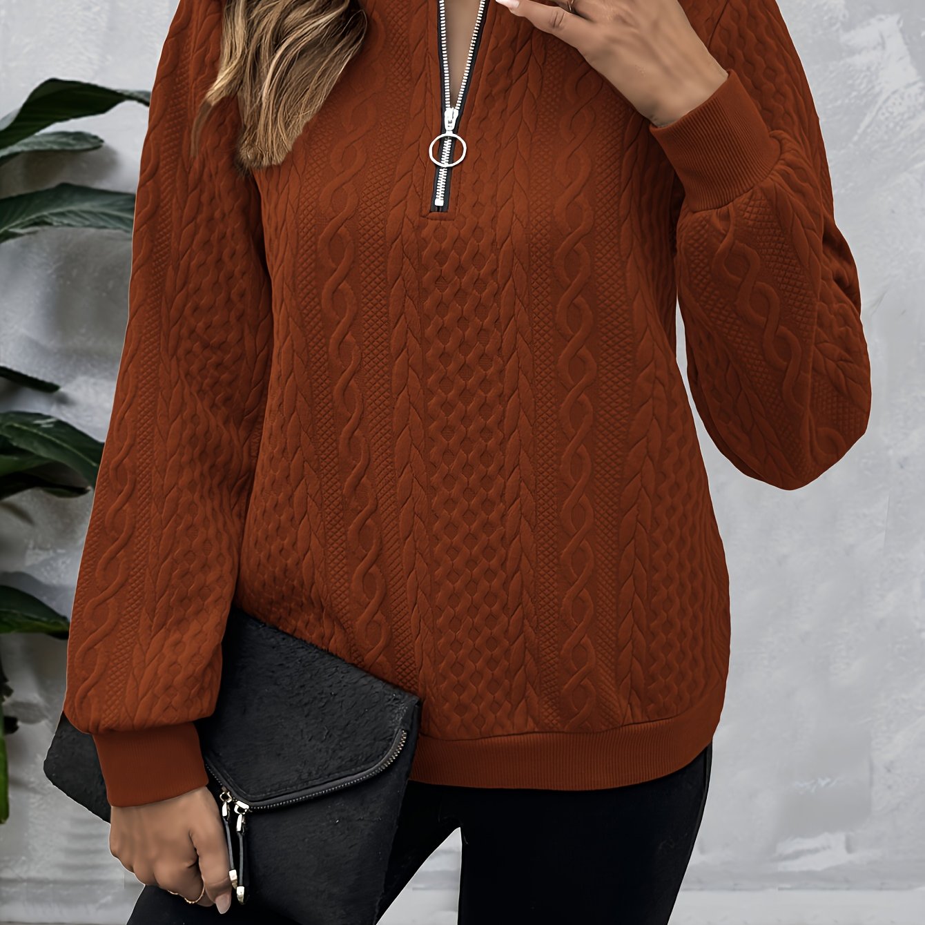 [Casual Sweatshirt] Casual Textured Half Zipper Pullover Sweatshirt | Women's Long Sleeve Sweatshirt For Fall & Spring