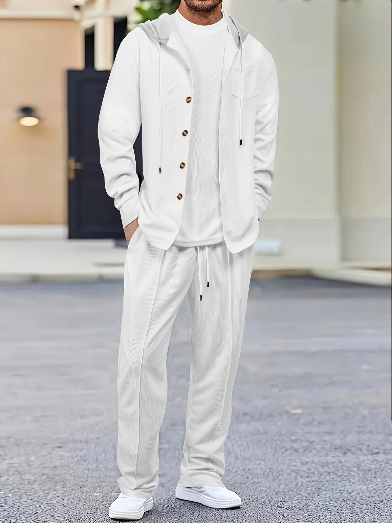 Men's Two-Piece Waffle Knit Set with Hooded Button-Up Cardigan and Drawstring Sweatpants Casual Wear Comfortable Outfit for Spring/Autumn