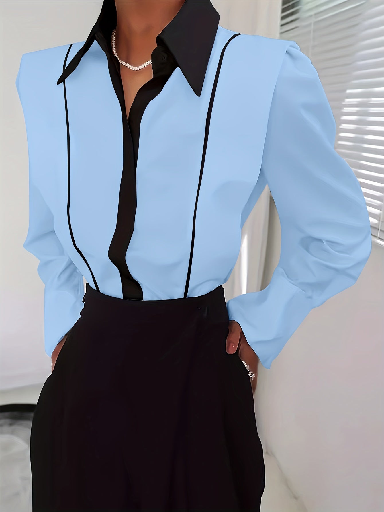 Women's Casual Contrast Trim Long Sleeve Shirt - Black & White Button-Up Blouse with Classic Collar, Semi-Sheer Fabric, Machine Washable, Elegant Office & Everyday Top, Versatile Fashion, Sophisticated Detailing