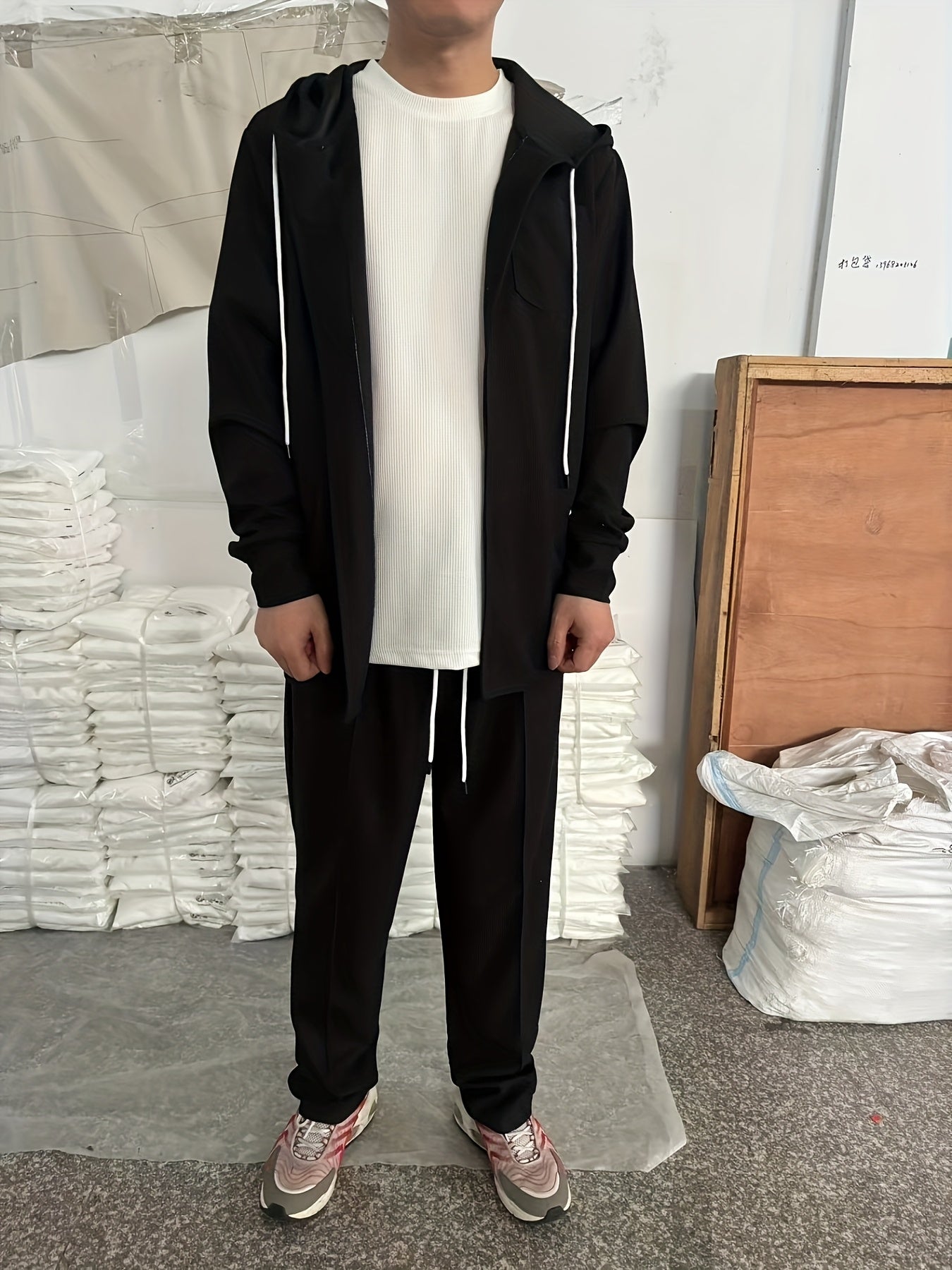 Men's Two-Piece Waffle Knit Set with Hooded Button-Up Cardigan and Drawstring Sweatpants Casual Wear Comfortable Outfit for Spring/Autumn