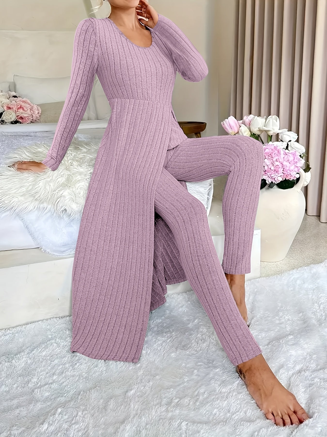 [Plaid Two-Piece] Two-Piece Set Round Neck Split Long Sleeve Top and Pants | Design Sensation with Plaid Spring/Autumn Style