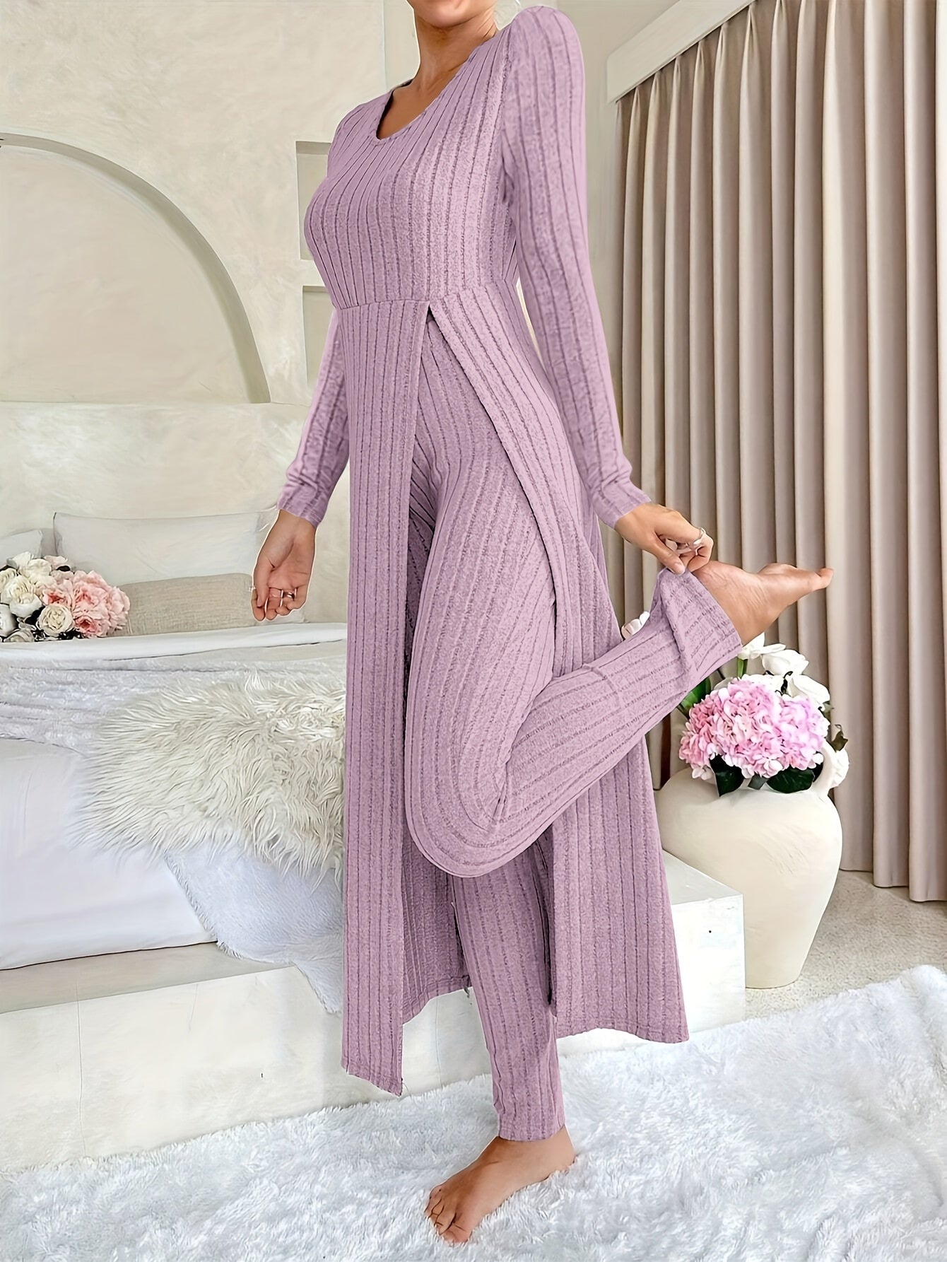 [Plaid Two-Piece] Two-Piece Set Round Neck Split Long Sleeve Top and Pants | Design Sensation with Plaid Spring/Autumn Style