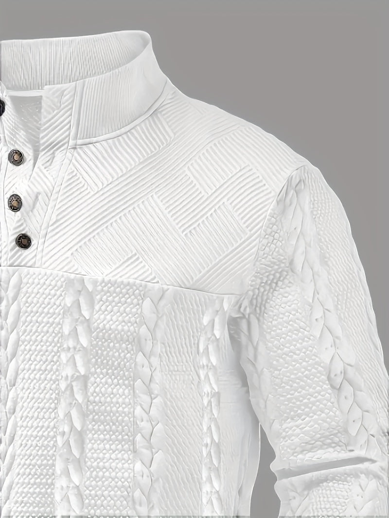 Men'S Jacquard Henley Shirt - Soft Stretch Long Sleeve Pullover with Button Front, Casual Knit Sweater for Fall/Winter, & Striped Design, Regular Fit Outdoor & Casual Attire, Winter Casual Wear | Striped Knitwear | Jacquard T