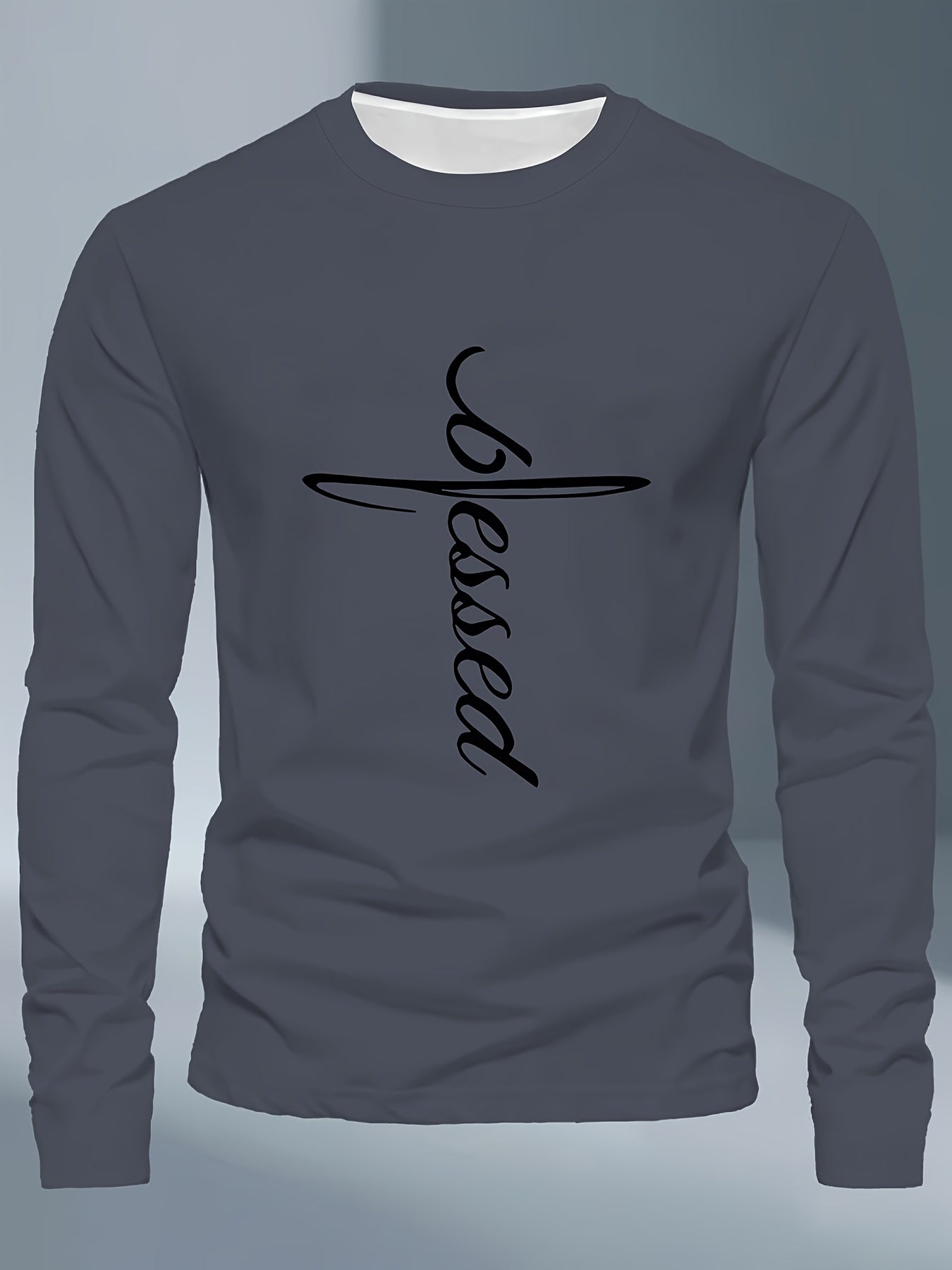 Men's Plus Size Long Sleeve T-Shirt - Dark Gray/Black Blessed Script & Cross - Soft Everyday & Formal Shirt - Machine Washable Casual Top for Religious Events Casual Attire, Event Apparel, Graphic Tee, Comfortable Fit, Comfor