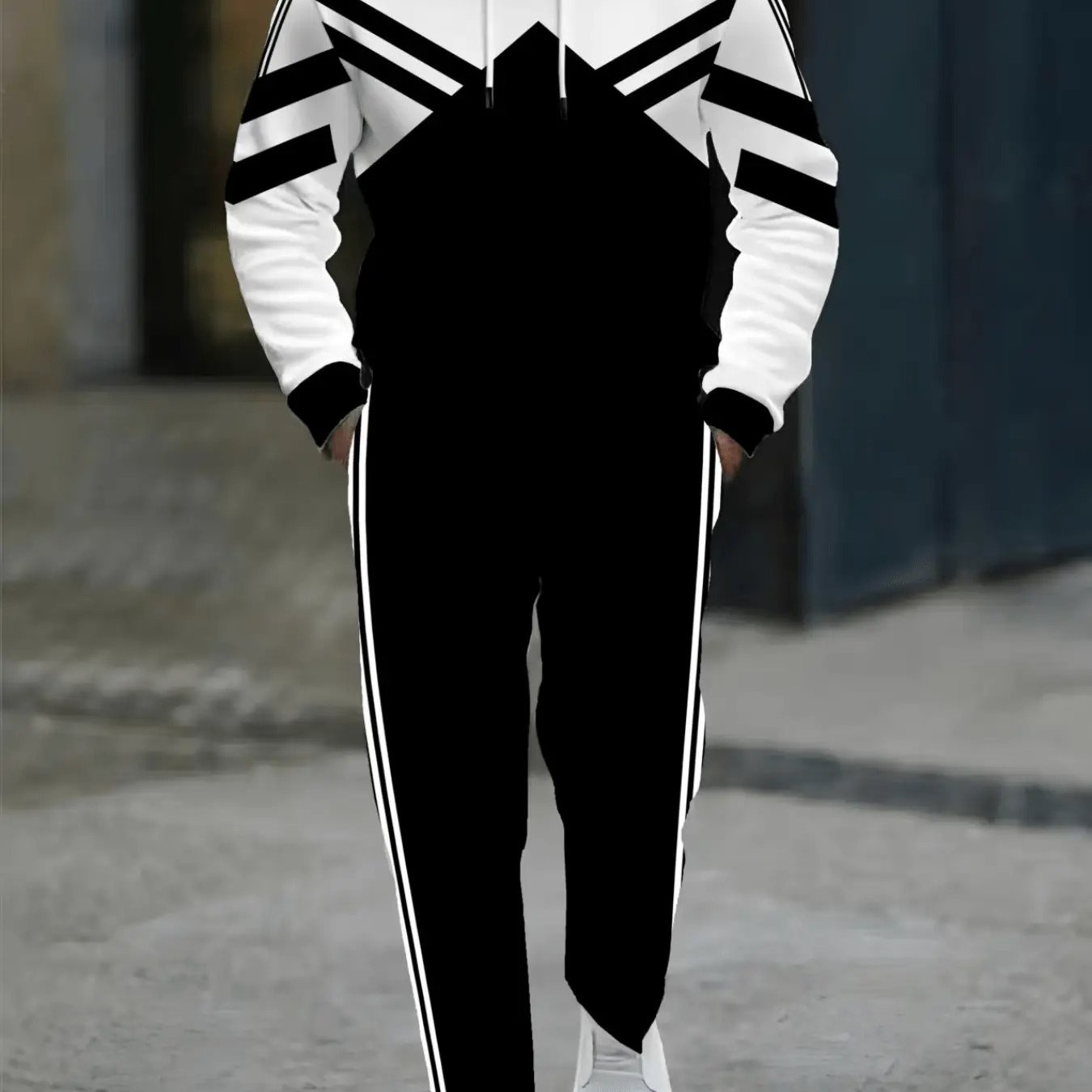 2pcs Men'S Plus-Size Hoodie & Pants Set - Black & White Geometric Pattern, Regular Fit Casual Sportswear for Outdoor Activities, Spring & Autumn, Back-to-School Essentials, Comfortable Clothing | Sporty Look | Durable Fabric,