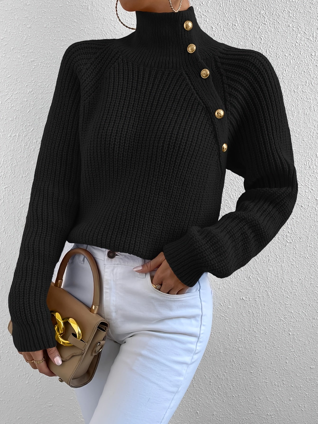 [Elegant High-Neck Pullover] Elegant High-Neck Long Sleeve Pullover for Women - Solid Color, Button Detail, Ribbed Texture, Fall/Winter Fashion, Black, Versatile Top | Button Detail Top | Construction, Sweater Dress