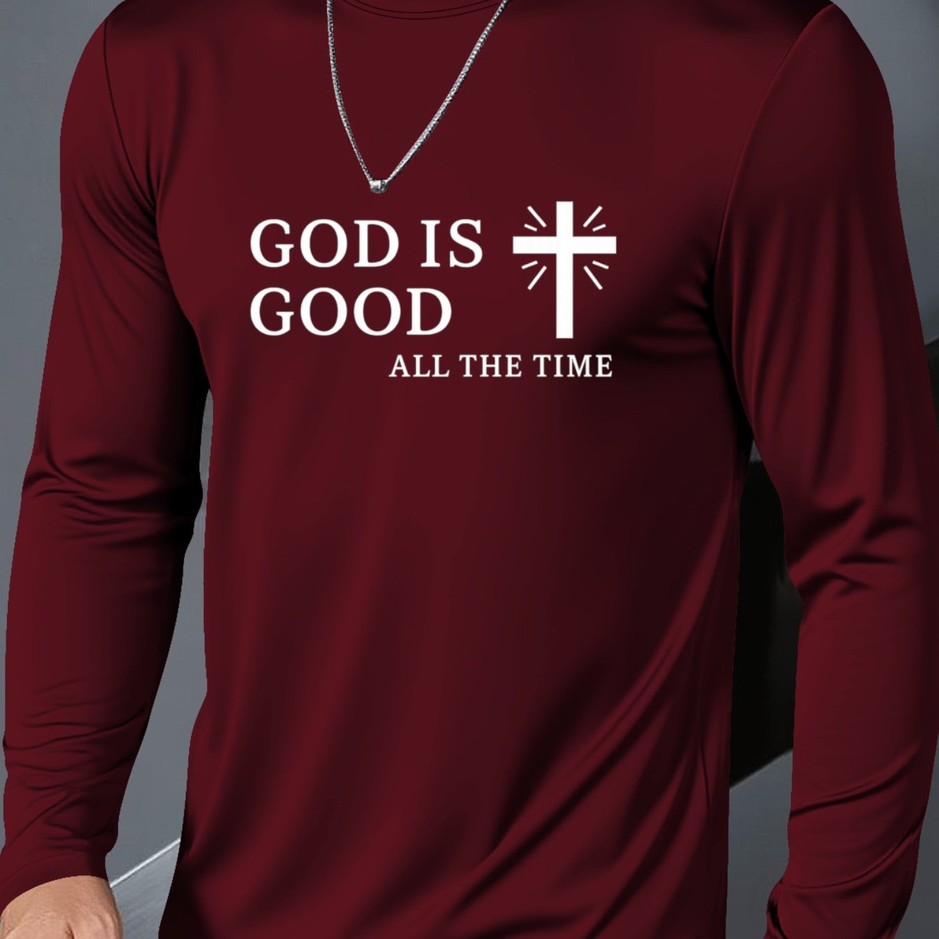 Men's Plus Size Christian Faith T-Shirt - Inspirational "GOD IS GOOD ALL THE TIME" & Cross Print, Breathable Long Sleeve Round Neck Casual Shirt for Church, Casual Attire, Spring/Fall Layering (Adults & Teens) - Comfortable R