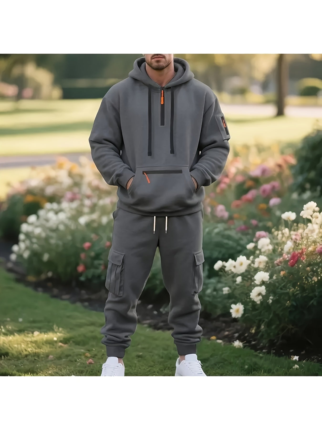 2pcs Men's Oversized Fleece Hooded Set - Heavyweight Warmth Breathable Fleece Jogger Tracksuit with Full-Zip Hoodie & Matching Pants, Grey/Black Casual Athletic Outfit for Gym, Outdoor, Casual Attire - Machine Washable, Round