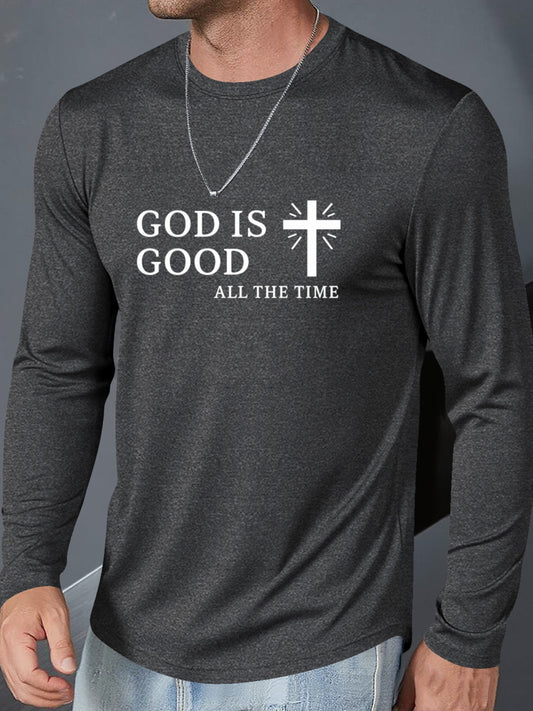 Men's Plus Size Christian Faith T-Shirt - Inspirational "GOD IS GOOD ALL THE TIME" & Cross Print, Breathable Long Sleeve Round Neck Casual Shirt for Church, Casual Attire, Spring/Fall Layering (Adults & Teens) - Comfortable R