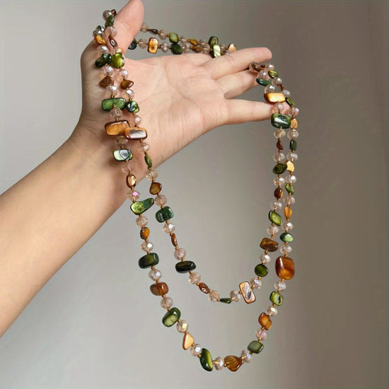 Vintage Bohemian Multicolored Shell Beaded Double-Layer Necklace - Retro Light Luxury Stackable Long Necklace for Women, Elegant Summer Jewelry for Casual Attire &, Beach Accessories, Boho Chic Style, Intricate Beadwork