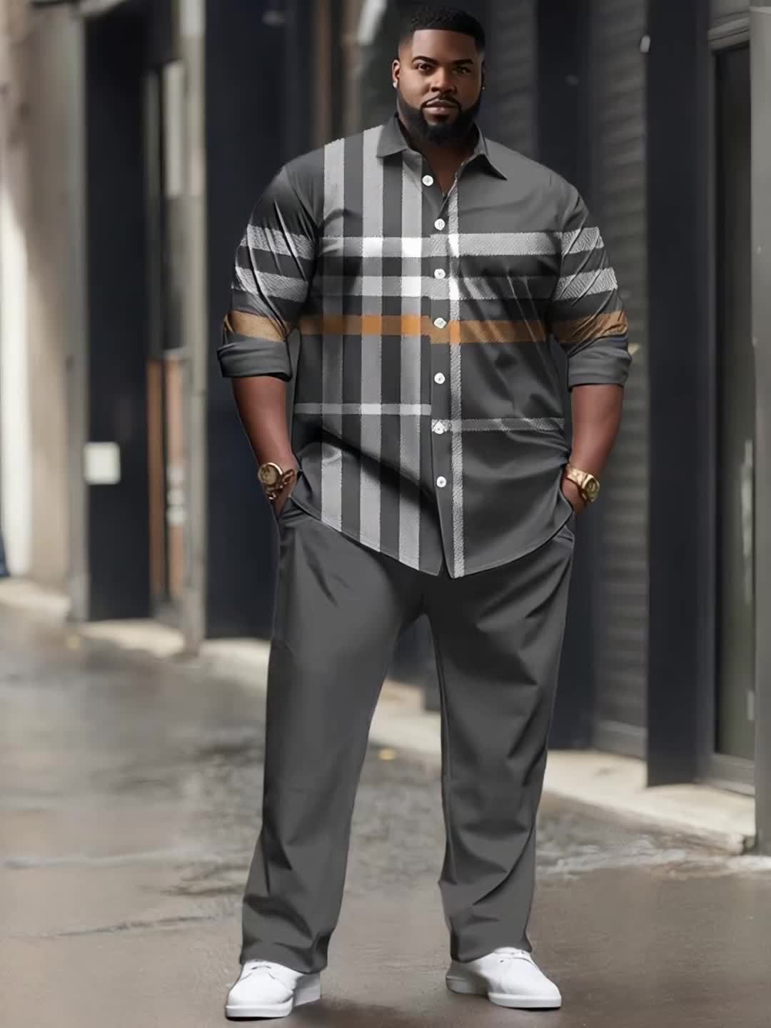 Men'S Plus Size Casual Sport Suit, Long Sleeve T-shirt + Long Pants Leisure Suit, Retro Sport Suit, Suitable for Daily Wear, PLUS SIZE