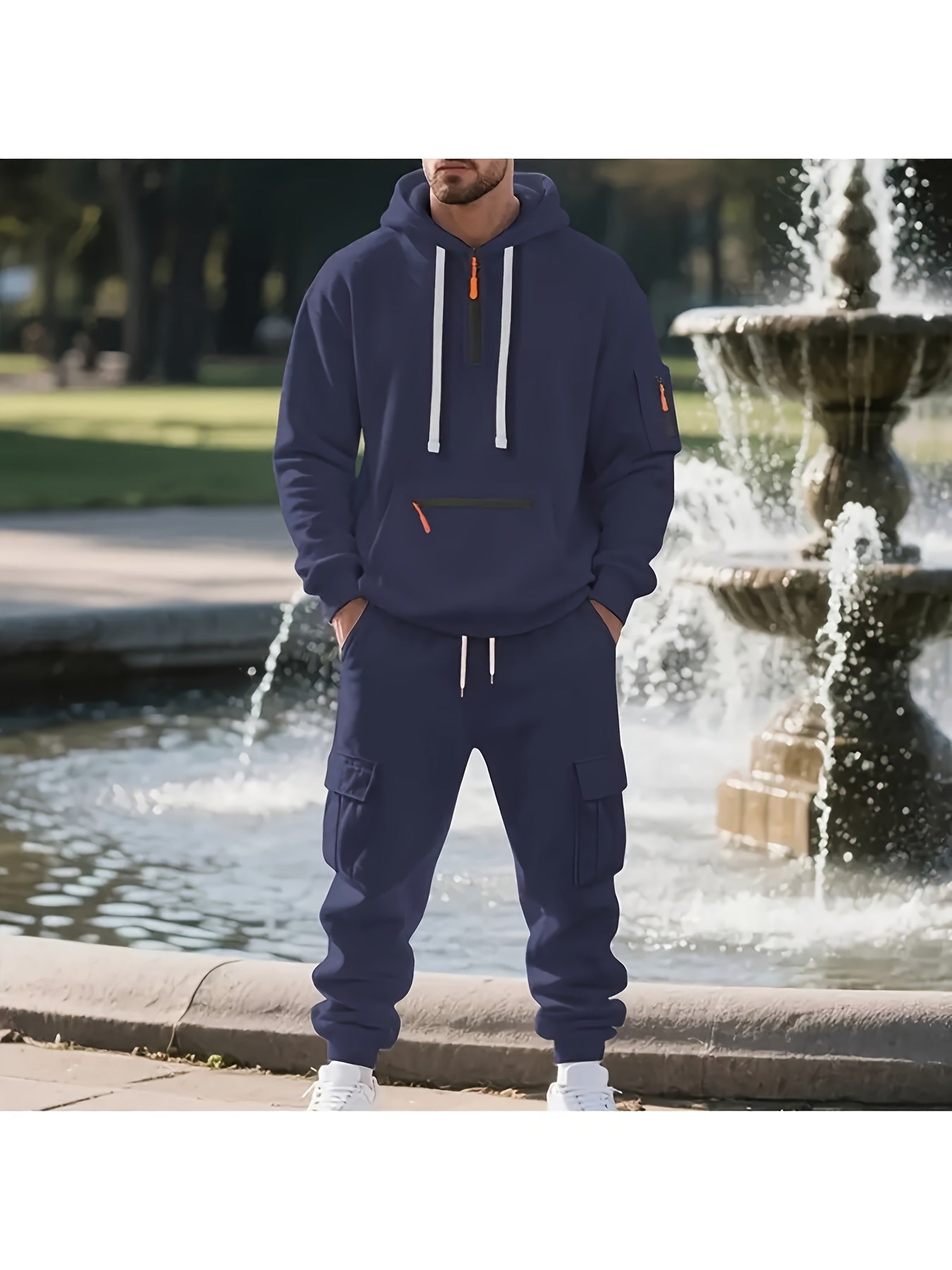 2pcs Men's Oversized Fleece Hooded Set - Heavyweight Warmth Breathable Fleece Jogger Tracksuit with Full-Zip Hoodie & Matching Pants, Grey/Black Casual Athletic Outfit for Gym, Outdoor, Casual Attire - Machine Washable, Round