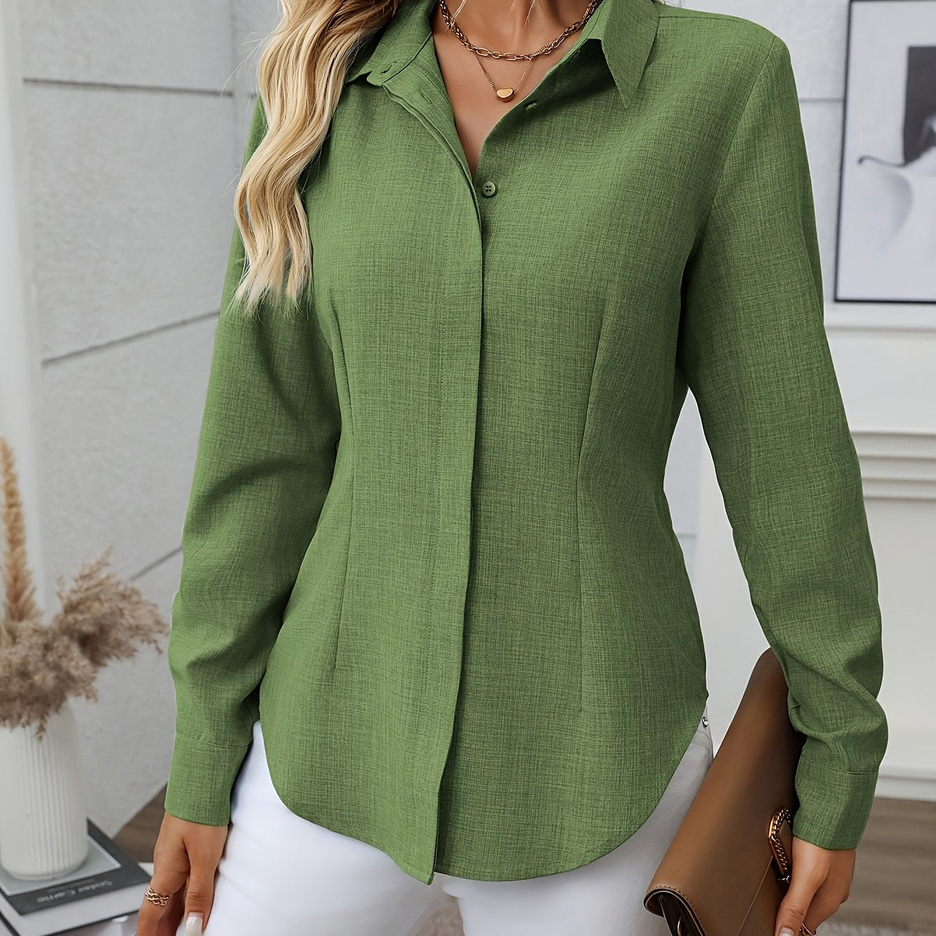 Women'S Elegant Loose-Fit Long Sleeve Blouse - Classic Button-Front Placket, Office & Casual Shirt for Teachers, Professionals - All-Season Everyday & Formal Attire - Easy-Care Women'S Business Blouse, Teacher Wardrobe Essent