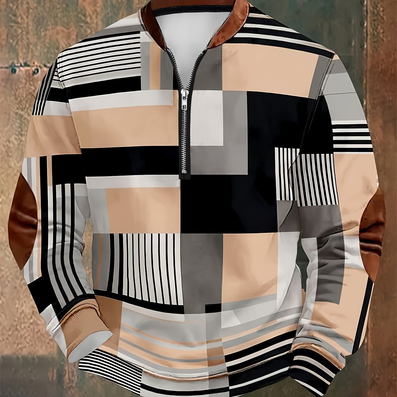 [All-Season Comfort Apparel] Geometric Color Block | Men's Casual Polo Shirt - V-Neck, Zip-Up, Loose Fit