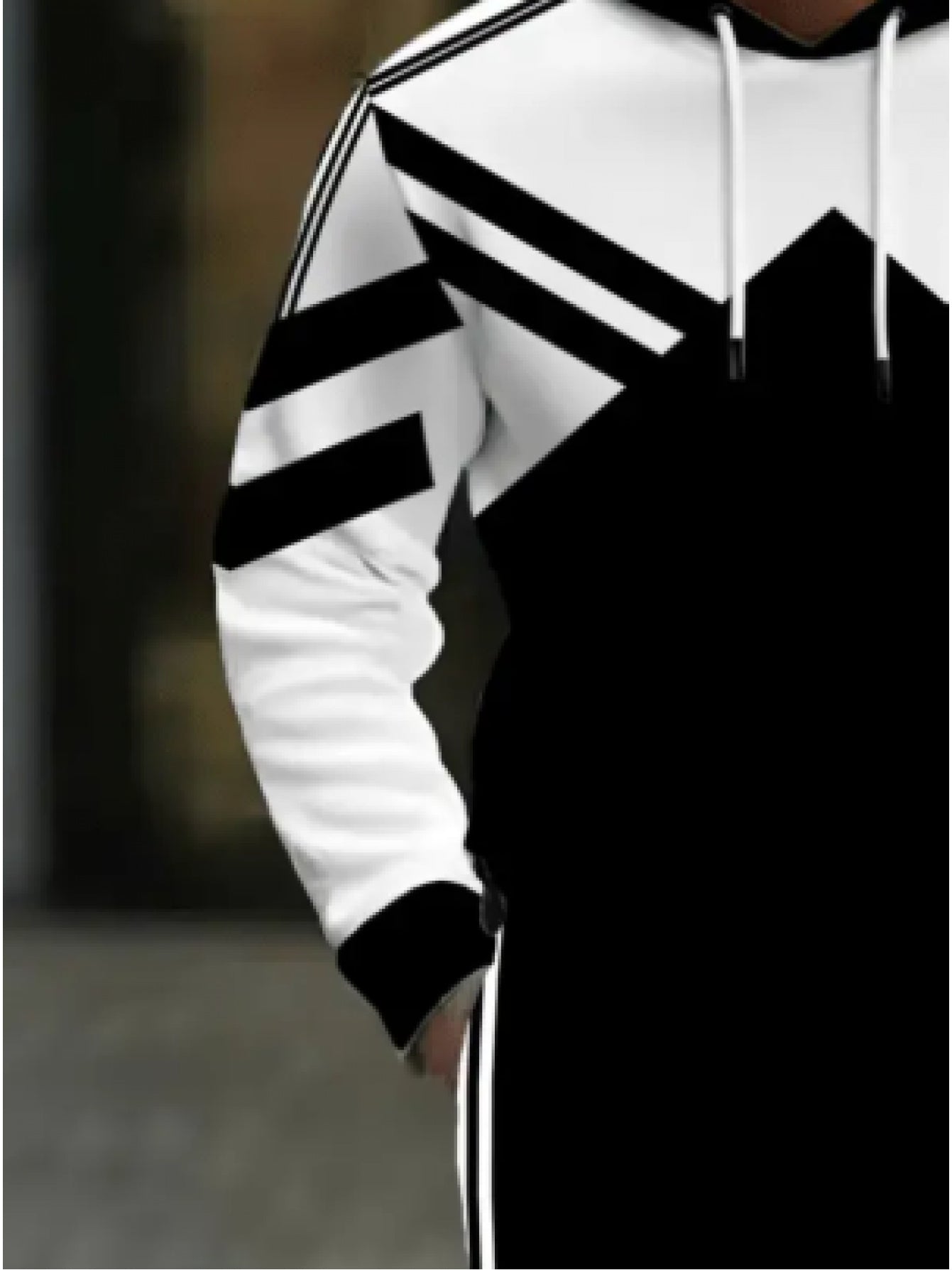 2pcs Men'S Plus-Size Hoodie & Pants Set - Black & White Geometric Pattern, Regular Fit Casual Sportswear for Outdoor Activities, Spring & Autumn, Back-to-School Essentials, Comfortable Clothing | Sporty Look | Durable Fabric,