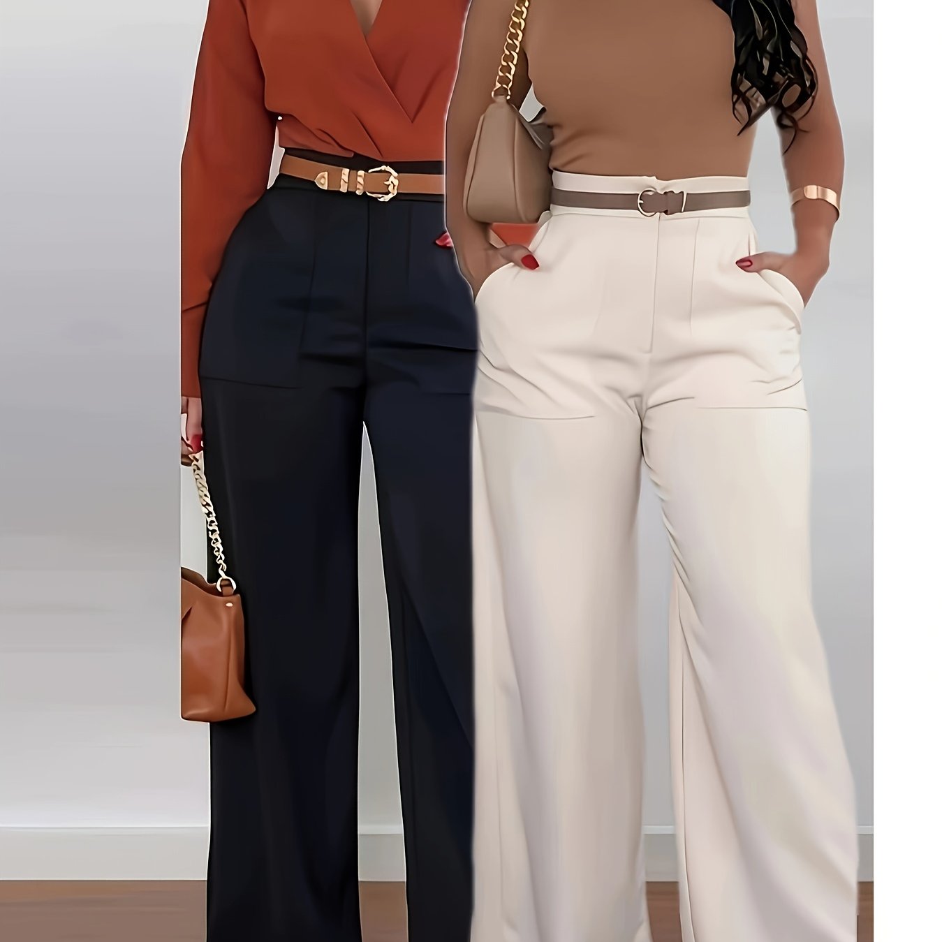 2pcs Women'S High-Waist Wide-Leg Pants - Elegant Solid Color Straight-Leg Cargo Pants with Large Pockets, All-Season Comfort, Olive Green & White, Perfect for Casual or Stylish Outfits, High Waisted Pants, Versatile Clothing,