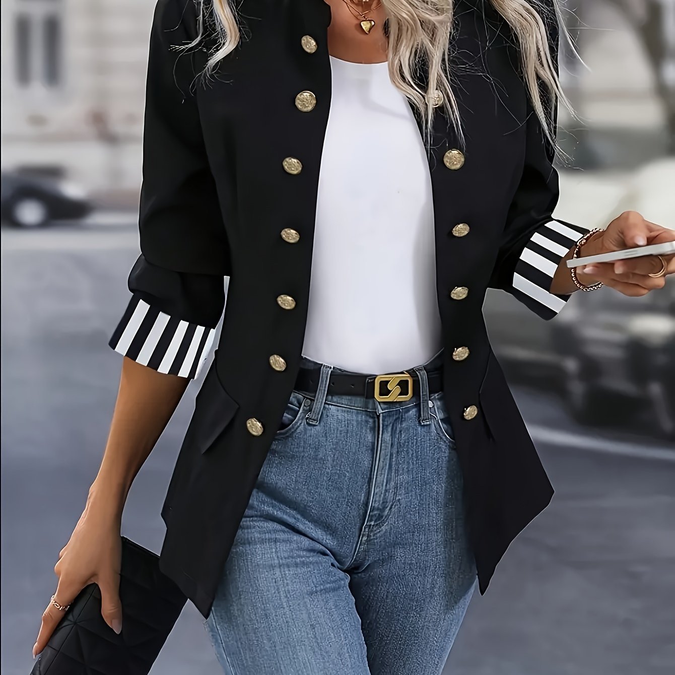 Plus Size - Plus Size Women'S Slim-Fit Casual Blazer - Solid Color Stand Collar Double-Breasted Jacket with Slit Hem, Regular Fit Spring/Fall Versatile for Office & Weekend Outings, Ladies Blazers