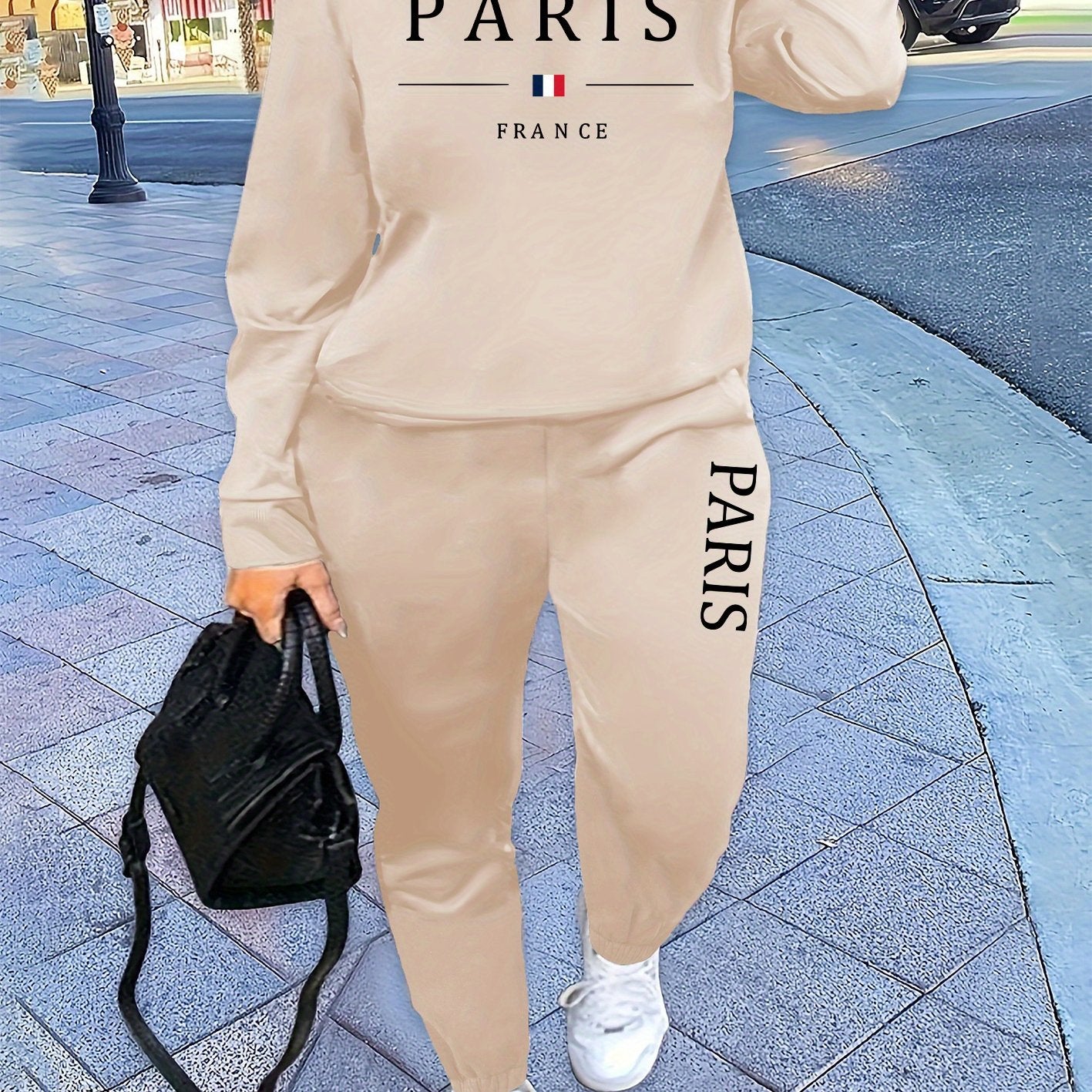 Letter Print Two Piece Set, Crew Neck Sweatshirt & Pants, Women's Clothing