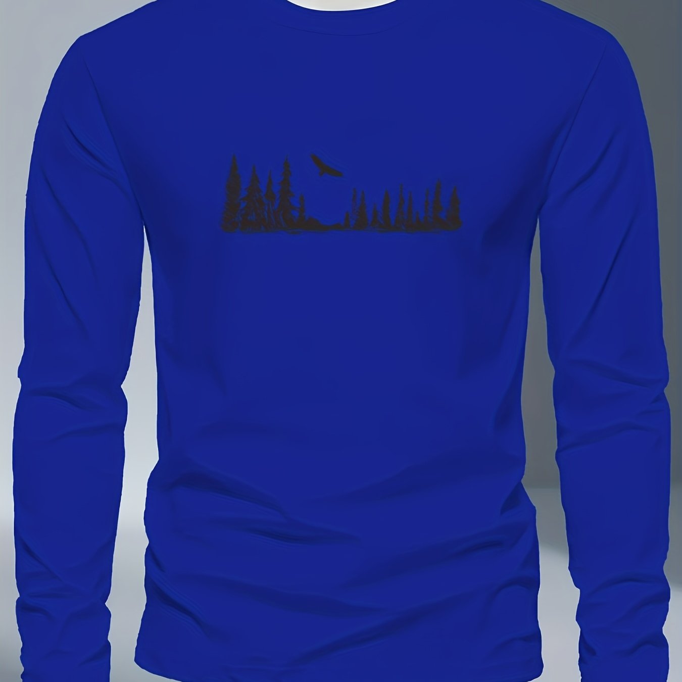 Men's Plus Size Long Sleeve T-Shirt - Navy Blue with Golden Pine Tree & Bird Design - Relaxed Fit Casual Everyday & Formal Wear - Machine Washable Graphic Tee, Durable Fabric Shirt, Versatile Top, Geometric Pattern, Comfortab