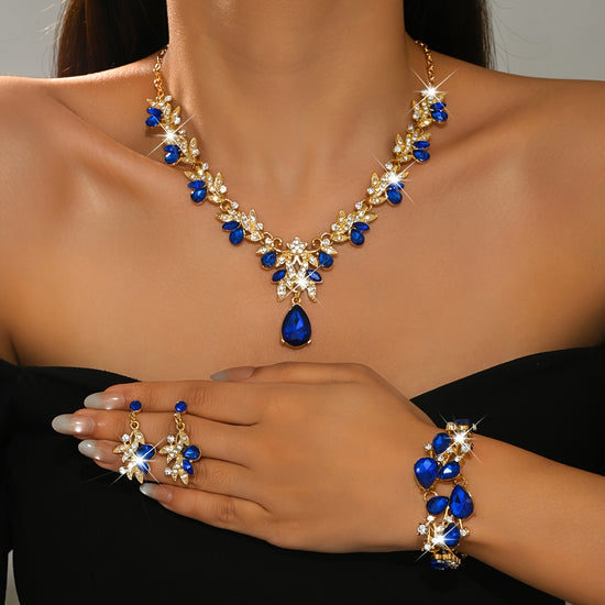 Luxury Blue Jewelry Three-Piece Set: Teardrop Pendant Necklace + Bracelet + Earrings, Women&