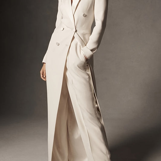 [Elegant Blazer] Elegant Long Double-Breasted Blazer | Women's Solid Color Notch Lapel Regular Fit Urban Style Jacket with Button Front, Long Sleeve for Spring/Fall Office & Casual Wear, Spring Outerwear, Sophisticated Tailor