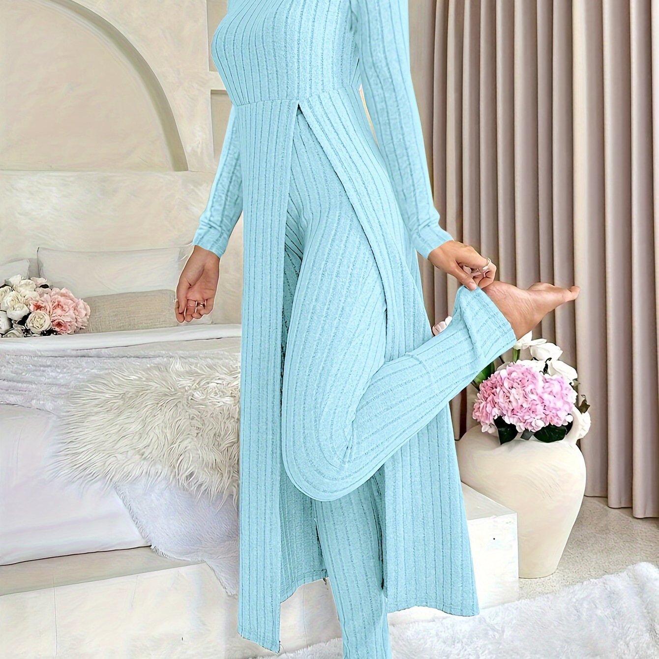 [Plaid Two-Piece] Two-Piece Set Round Neck Split Long Sleeve Top and Pants | Design Sensation with Plaid Spring/Autumn Style