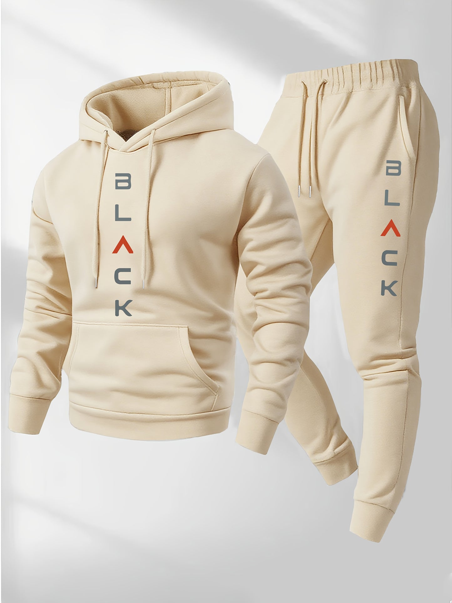 Men'S Complete Outfit - Stylish Hooded Sweatshirt & Joggers Set with "BLACK" Print, Gray Casual Streetwear, Long Pants, and Matching Hoodie, Perfect for Fall/Winter, Cozy Clothing | Sporty Look | Nonstretch Fabric