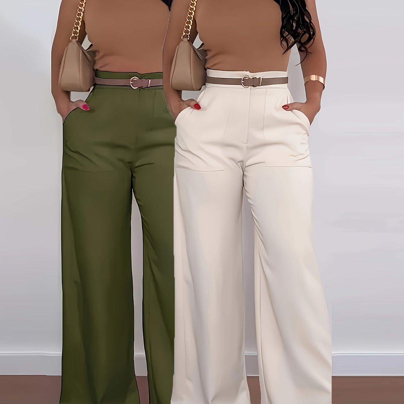 2pcs Women'S High-Waist Wide-Leg Pants - Elegant Solid Color Straight-Leg Cargo Pants with Large Pockets, All-Season Comfort, Olive Green & White, Perfect for Casual or Stylish Outfits, High Waisted Pants, Versatile Clothing,