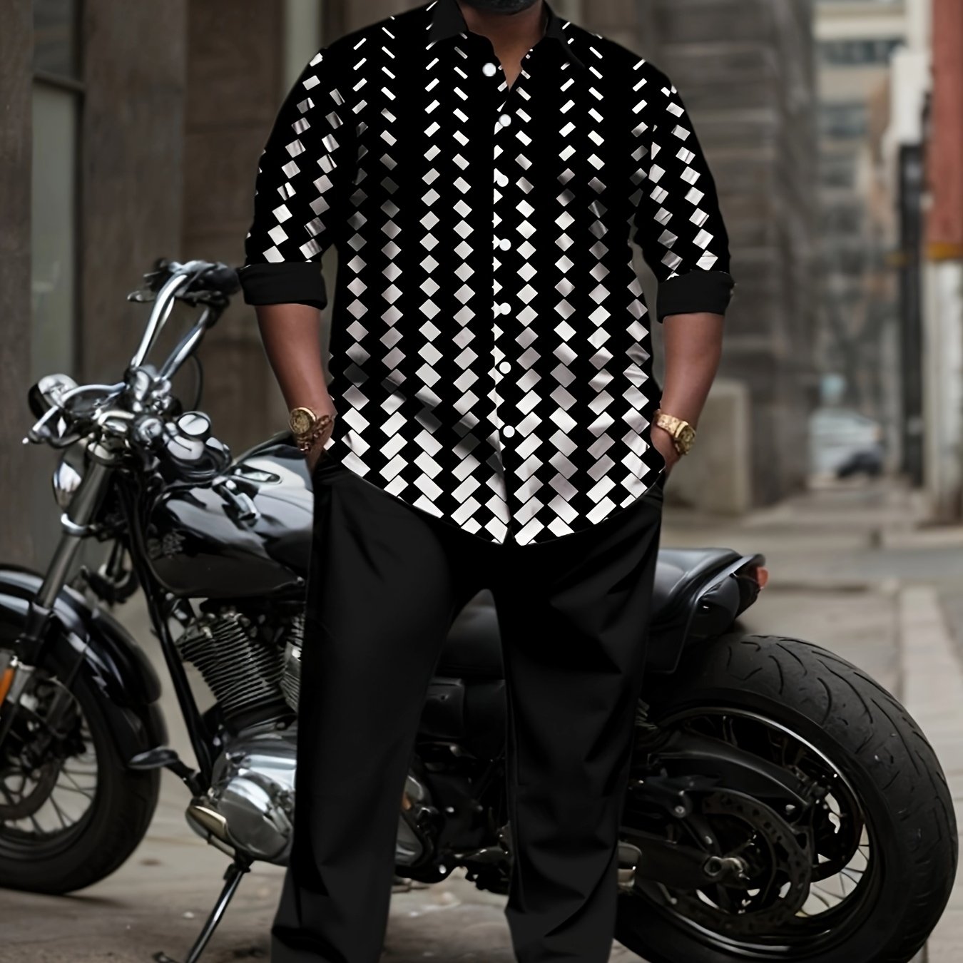 [Plus Size Polka Dot Knit Set] 1set Plus Size Men's Polka Dot Knit Shirt and Pants Set - Polyester Blend with Elastane, Lapel Collar, Button Details, Slight Stretch, Regular Fit