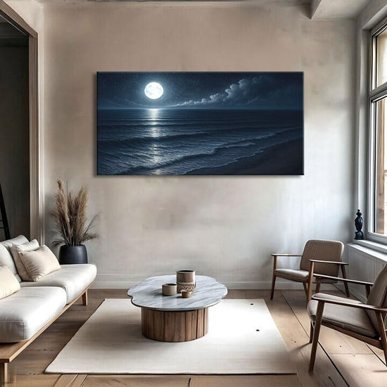 TAILORED CANVASES Beach Shoreline Coastal Wall Art Canvas Seascape Decor Featuring Full Moon Over Ocean Horizon Relaxing Bedroom Living Room Design Black and White Beach Art Blue Coastal Home 18x36