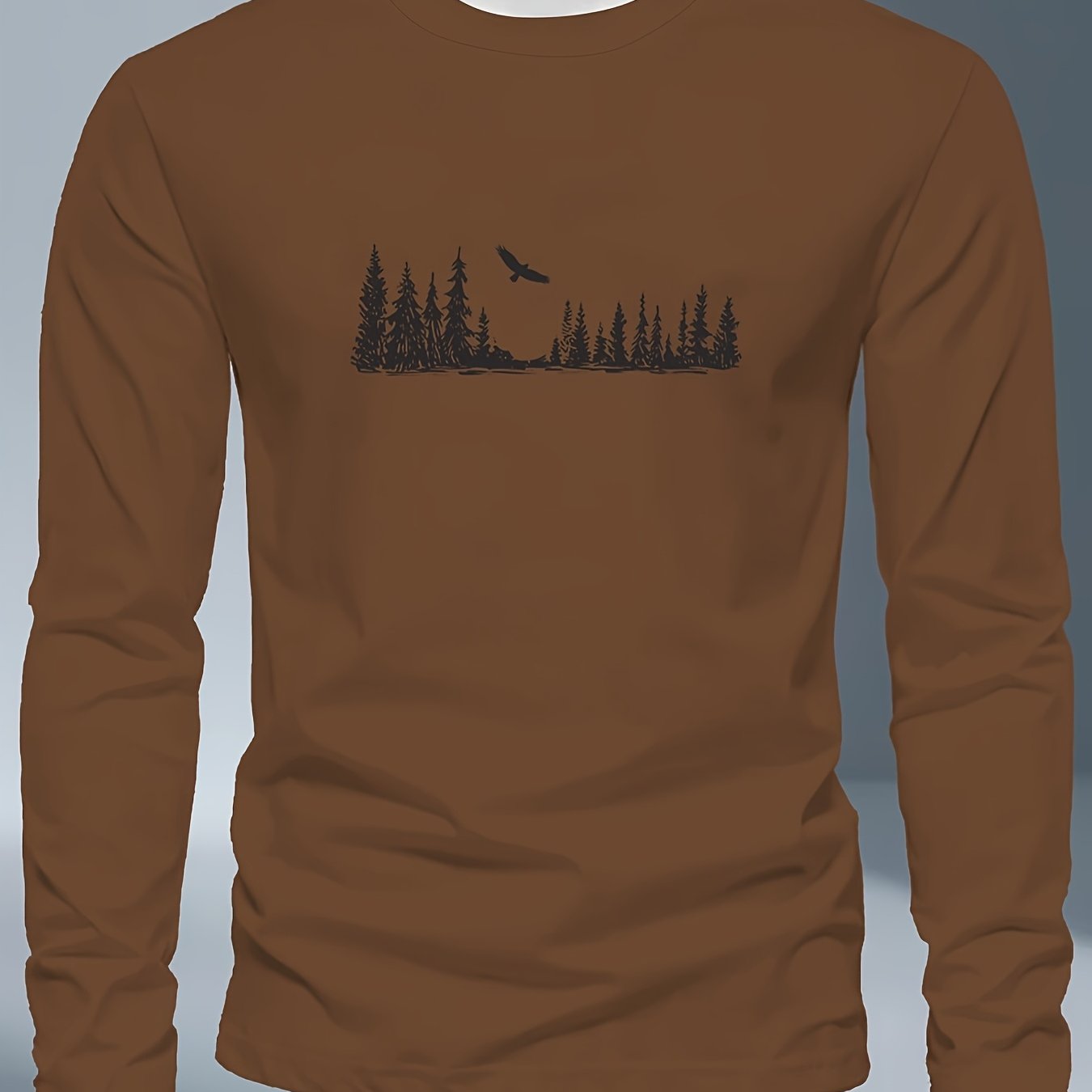 Men's Plus Size Long Sleeve T-Shirt - Navy Blue with Golden Pine Tree & Bird Design - Relaxed Fit Casual Everyday & Formal Wear - Machine Washable Graphic Tee, Durable Fabric Shirt, Versatile Top, Geometric Pattern, Comfortab