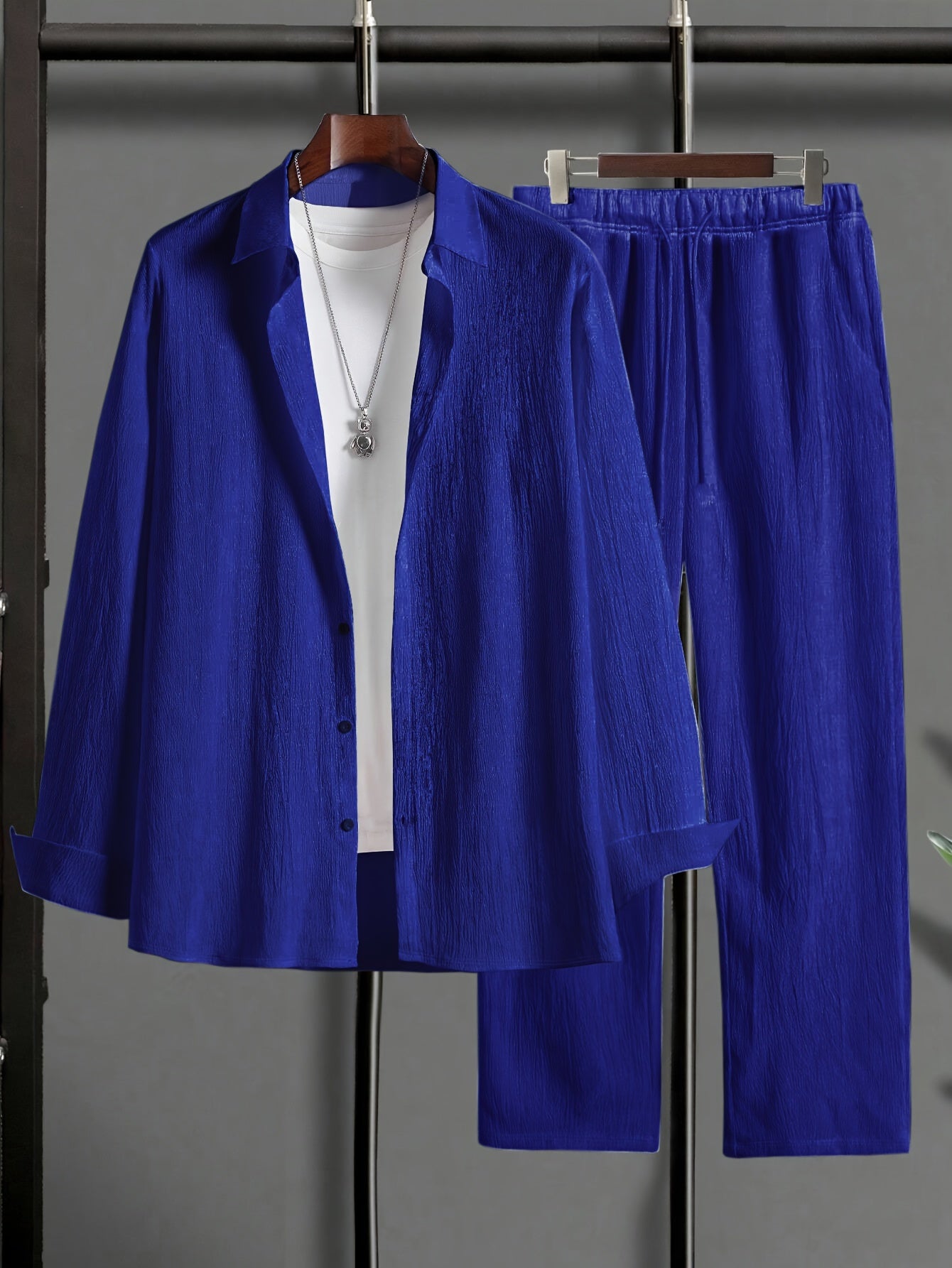 Plus Size Men's Sets, Long Sleeve Shirt & Trousers, Casual Suit Polyester Machine Washable, Lapel Stretch Outfit, Big & Tall Men, Stylish Comfort, Casual Wear, Work Attire, Stylish Set, Versatile Outfit, Comfortable Fit, Brea