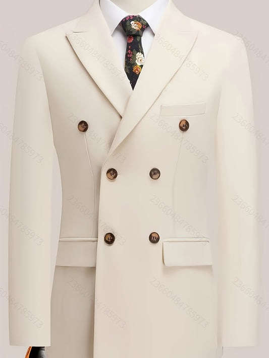 Plus Size Men'S Solid Color Suit - Elegant Double-Breasted Blazer with Lapel Collar, Long Sleeves, and Side Pockets for Business or Formal Events, Formal Attire|Sleek Suit|Polyester Fabric, Plus Size Blazer, PLUS SIZE