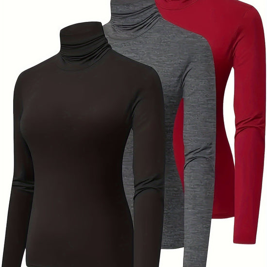 3pcs Solid Color Long Sleeve T-shirt, Casual Turtle Neck Top For Spring & Fall, Women&