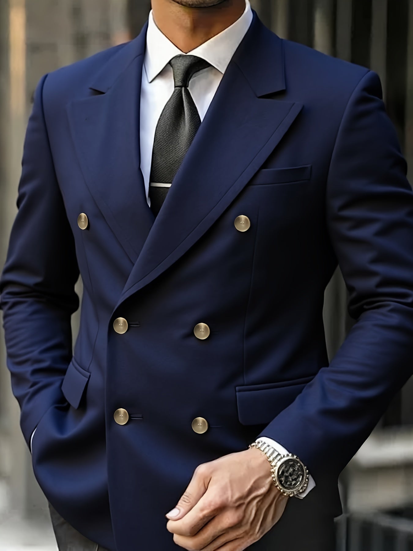 Plus Size Men'S Double-Breasted Suit - Modern Fit Elegance with Notched Lapel, Solid Color, Regular Fit, All-Season Business & Event Attire, Button Details, Non-Stretch Fabric, Adult Sizes, Formal Attire, Sophisticated Style,