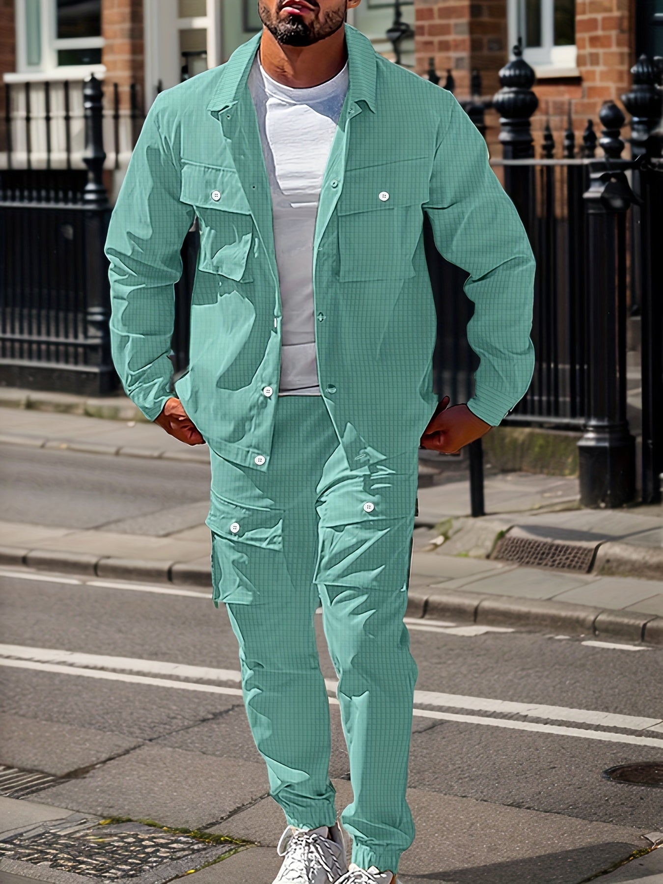 Large Size Men's Casual Long Sleeve Shirt and Trousers Set, PLUS SIZE