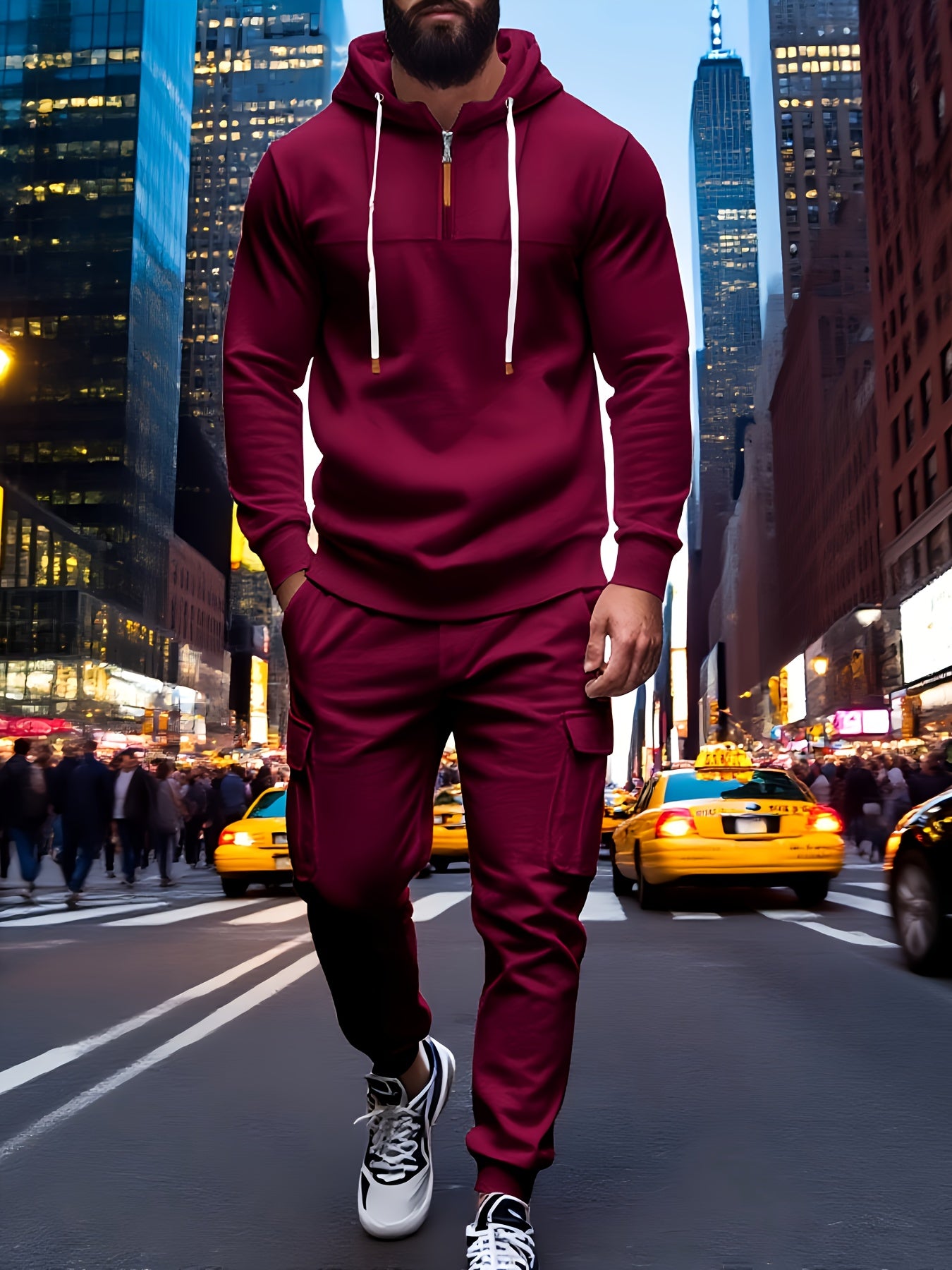 Exclusive for Tough Guys! Hooded Half - Zip Sweatshirt SetHeavyweight Fleece Fabric, Structured And Not Flimsy. The Half - Zip Design + Drawstring Hood, Full Of Street StyleThe Cargo Joggers with Multiple Pockets Are Practica