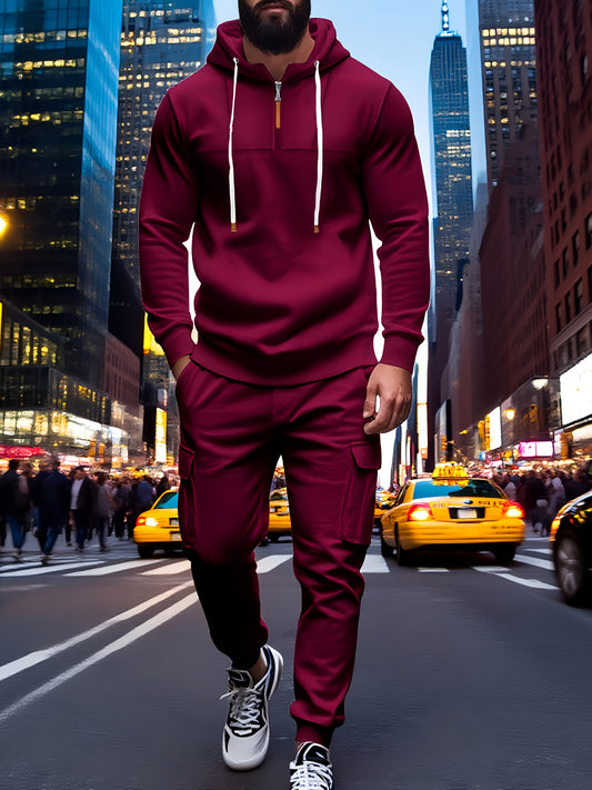 Exclusive for Tough Guys! Hooded Half - Zip Sweatshirt SetHeavyweight Fleece Fabric, Structured And Not Flimsy. The Half - Zip Design + Drawstring Hood, Full Of Street StyleThe Cargo Joggers with Multiple Pockets Are Practica