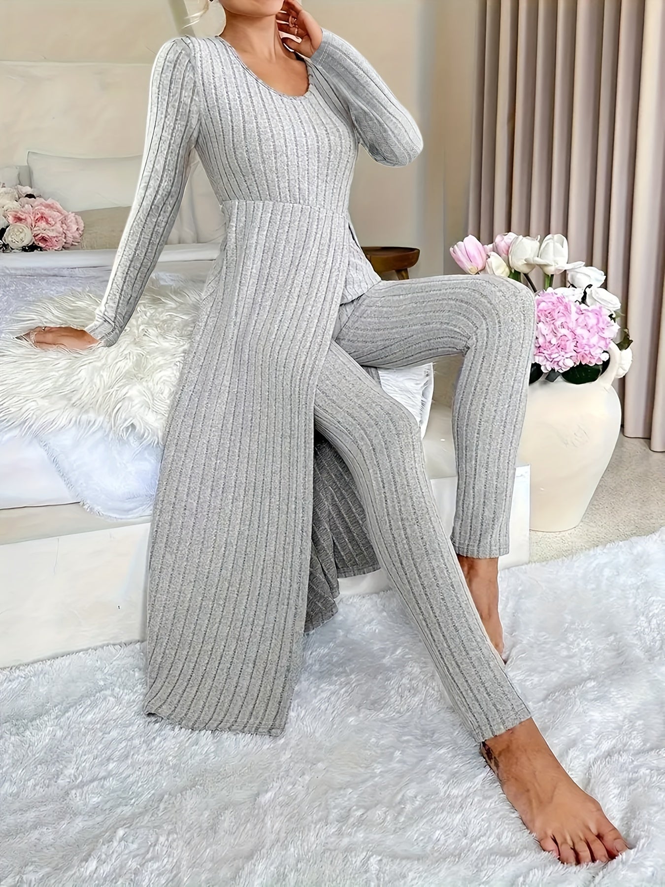 [Plaid Two-Piece] Two-Piece Set Round Neck Split Long Sleeve Top and Pants | Design Sensation with Plaid Spring/Autumn Style