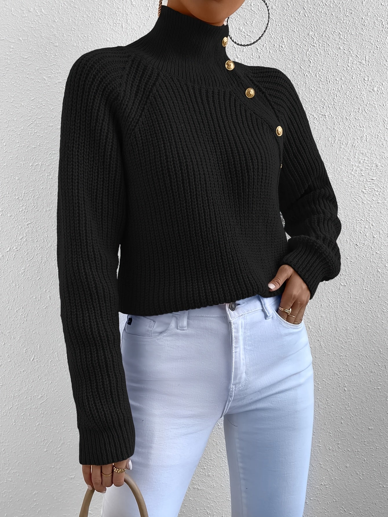 [Elegant High-Neck Pullover] Elegant High-Neck Long Sleeve Pullover for Women - Solid Color, Button Detail, Ribbed Texture, Fall/Winter Fashion, Black, Versatile Top | Button Detail Top | Construction, Sweater Dress
