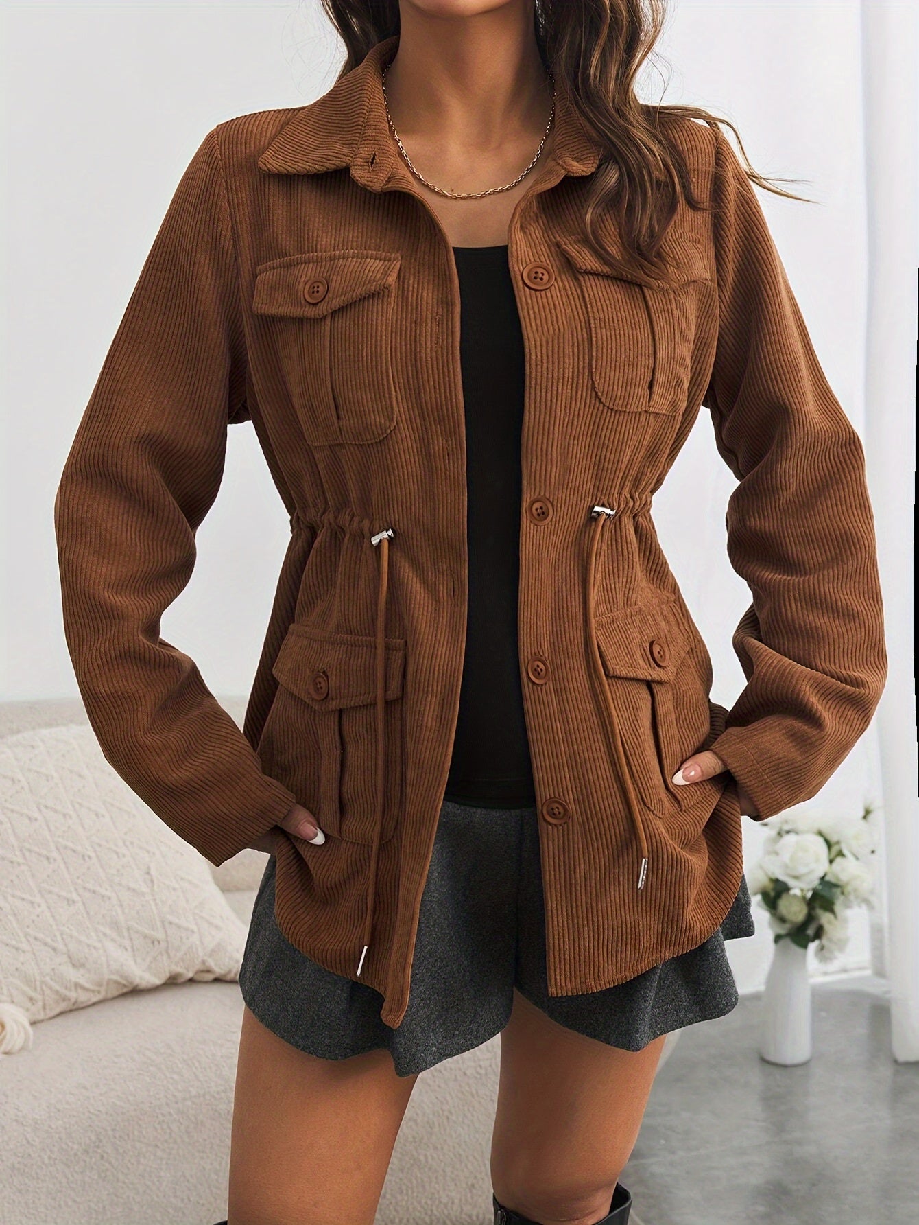 Solid Color Button Front Jacket, Casual Long Sleeve Flap Pockets Drawstring Jacket for Spring & Fall, Women's Clothing