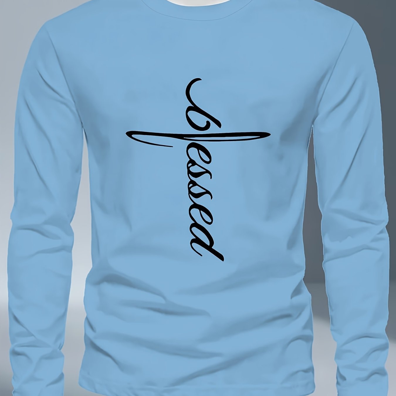 Men's Plus Size Long Sleeve T-Shirt - Dark Gray/Black Blessed Script & Cross - Soft Everyday & Formal Shirt - Machine Washable Casual Top for Religious Events Casual Attire, Event Apparel, Graphic Tee, Comfortable Fit, Comfor