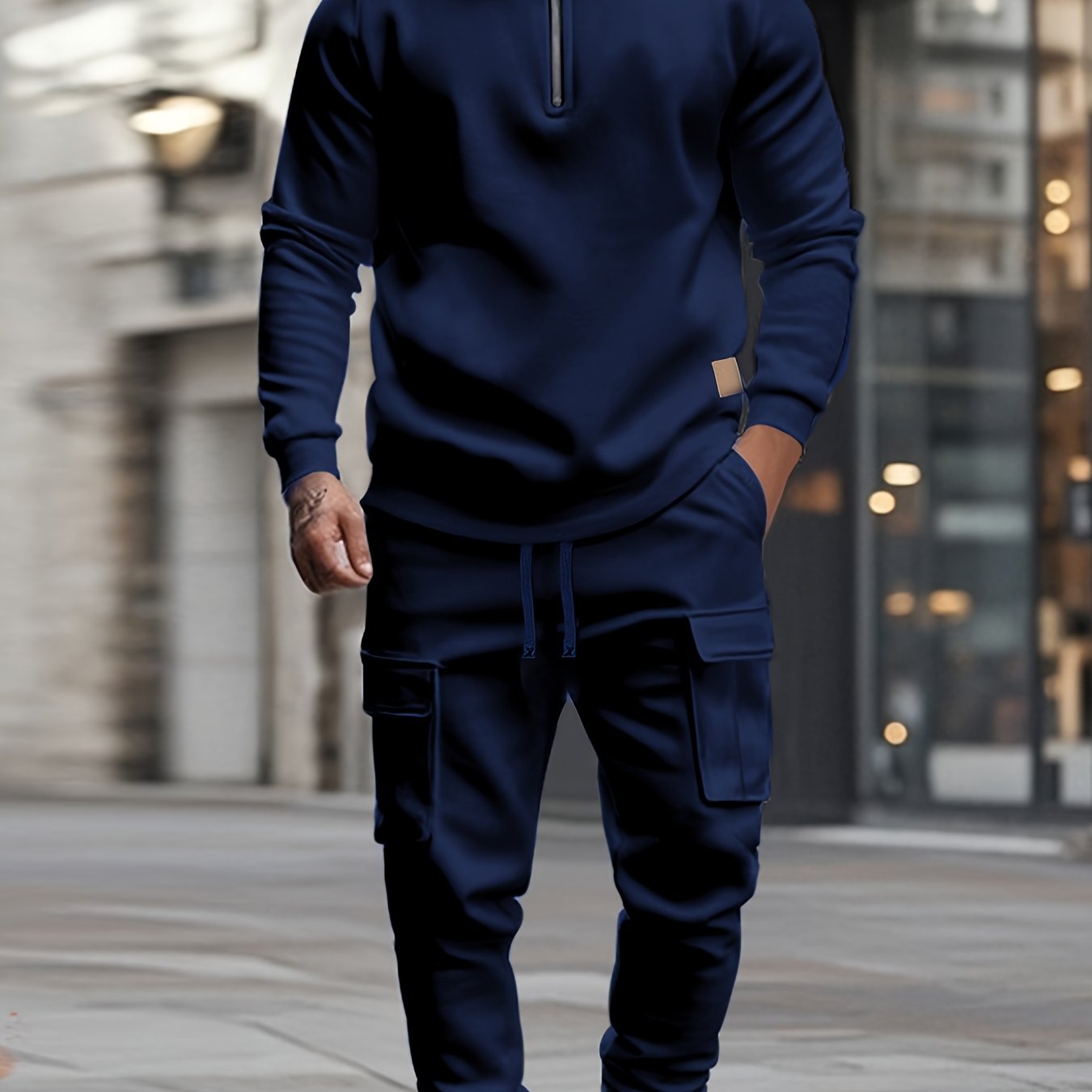 [Retro Casual Suit] Mens Fashionable Retro Casual Suit | Small Stand-up Collar Half-Zip Sweatshirt Plus Multi-Pocket Work Pants Set - Street Trendy Sports Suit Mens Outdoor Jogging Fitness Commuting All-Purpose Casual Sports