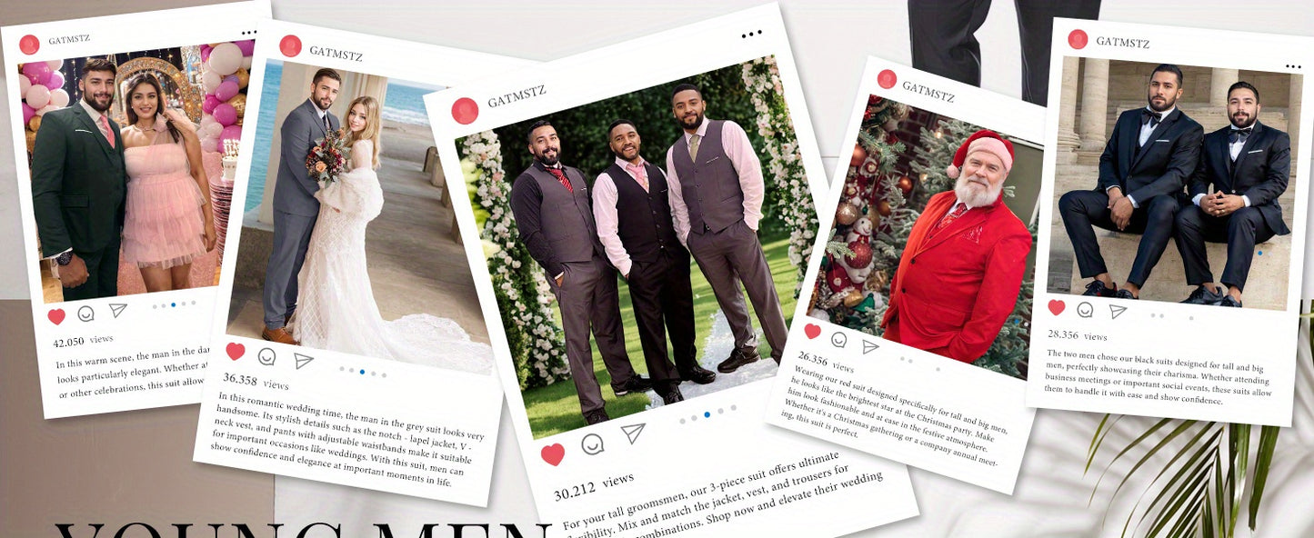 Big size suit three piece set for Men's formal attire, height 2 buttons, jacket, vest, pants, workplace, office, wedding, Christmas, school, PLUS SIZE