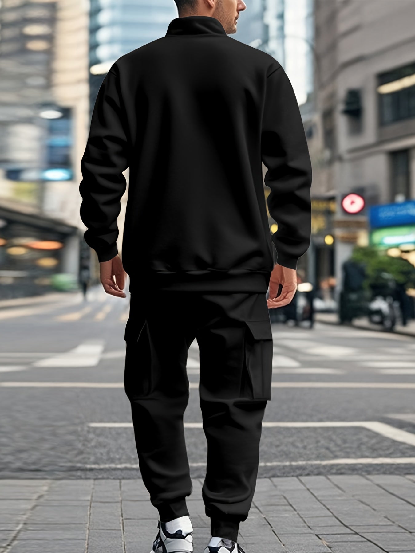 [Retro Casual Suit] Mens Fashionable Retro Casual Suit | Small Stand-up Collar Half-Zip Sweatshirt Plus Multi-Pocket Work Pants Set - Street Trendy Sports Suit Mens Outdoor Jogging Fitness Commuting All-Purpose Casual Sports