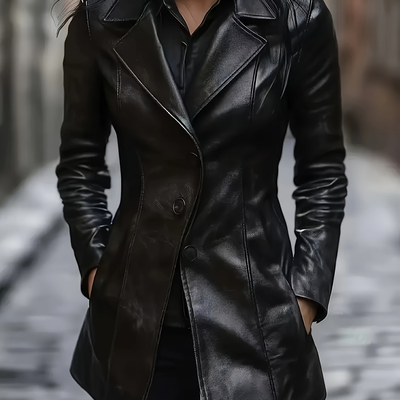 Leather Women's slim-fit jacket - elegant collar, mid-length outerwear with a single-button front closure, A-line cut, umbrella-shaped hem, suitable for casual and professional wear all year round, long sleeves